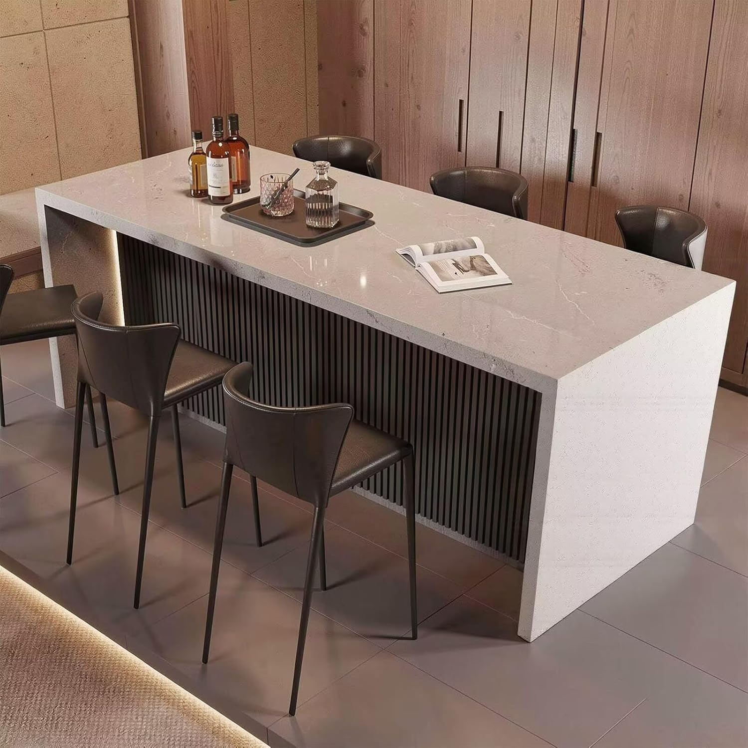 Kitchen Island with Storage - Kitchen Island Table with Engineered Stone Top, Modern Dinner Table for 4-6 Persons Includes Vertical Slat Panels, Power Outlets (84IN No Chairs)