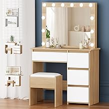 ALFORDSON Makeup Desk with Mirror and Lights, 90cm Makeup Set with 4 Drawers and Storage Stool, Adjustable LED Lights, Dressing Table for Women and Girls Bedroom, Wood