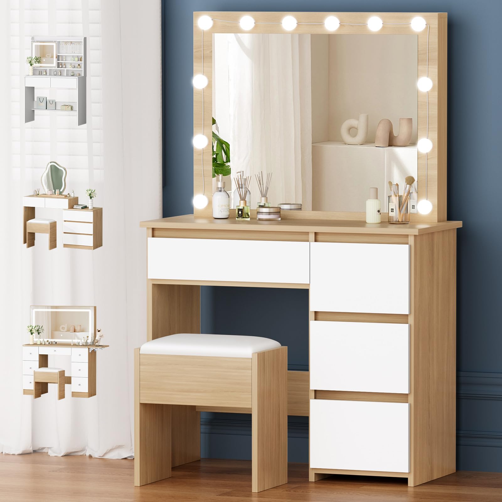 ALFORDSON Scrivania da trucco con specchio e luci, set da trucco da 90 cm con 4 cassetti e sgabello portaoggetti, luci LED regolabili, tavolo da toeletta per camera da letto di donne e ragazze, Legno
