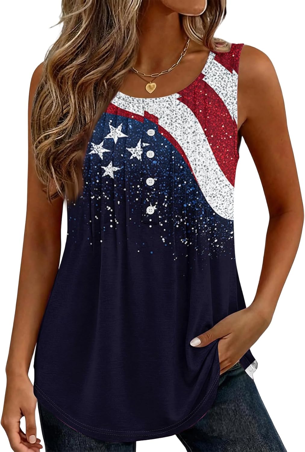Women 4th of July Button Henley Shirts Sleeveless Crewneck American Flag Graphic Patriotic Tank Tops