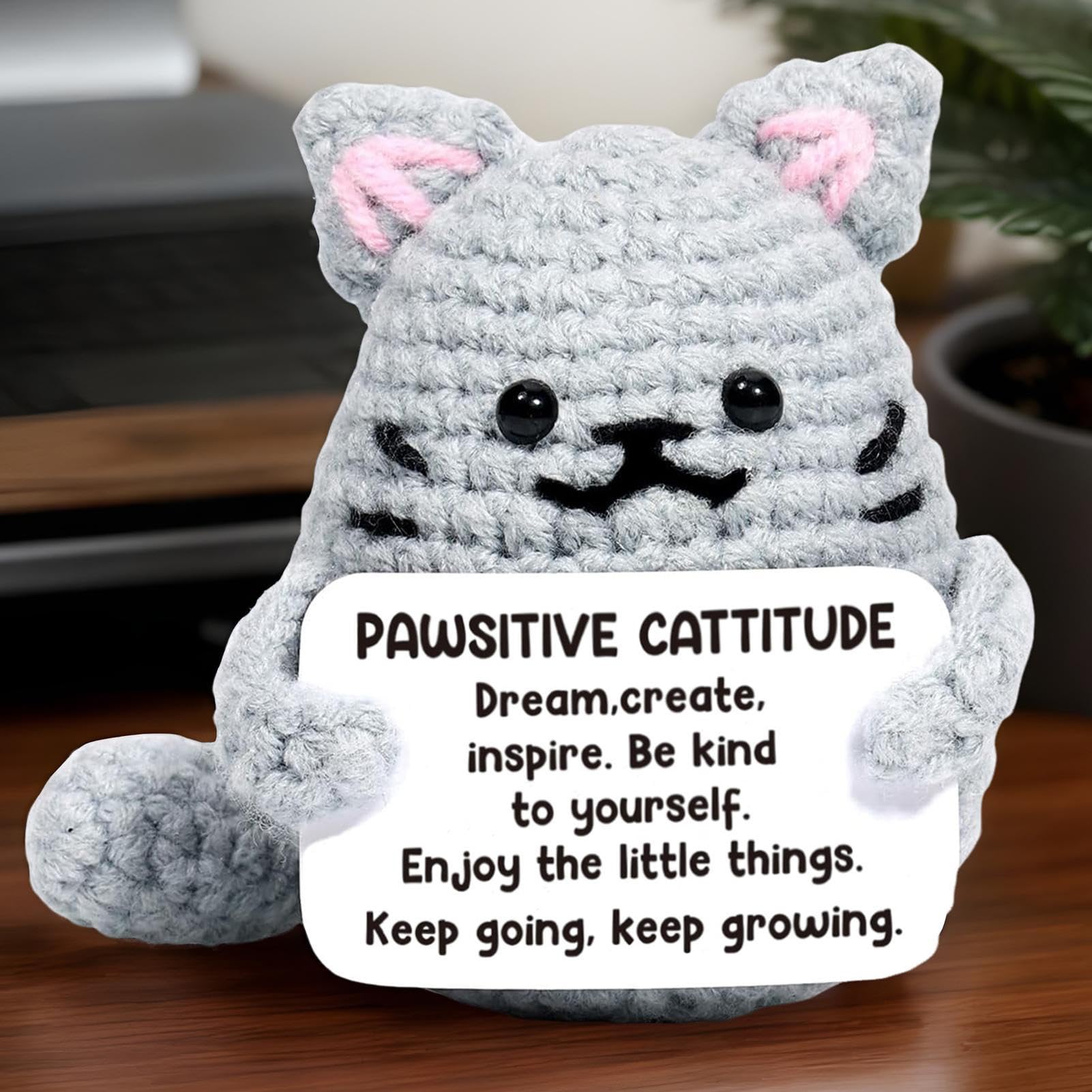 Gatto All'Uncinetto Positivo | Animaletto Fatto A Mano | Supporto Emotivo | Regalo Ispiratore - Foto 9