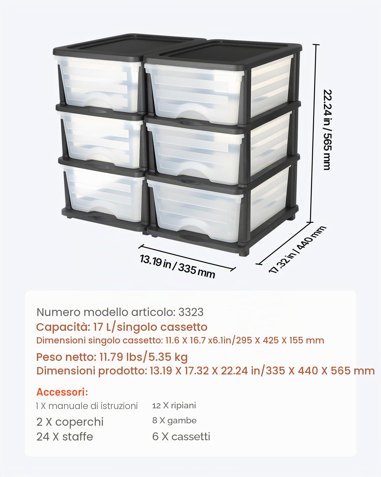 VEVOR Cassetti Portaoggetti in Plastica, Torre Portaoggetti a 6 Cassetti, Scatola per Stoccaggio a 3 Livelli, Contenitori Trasparenti per Forniture per Ufficio, Stanze per hobby, Aule, Casa