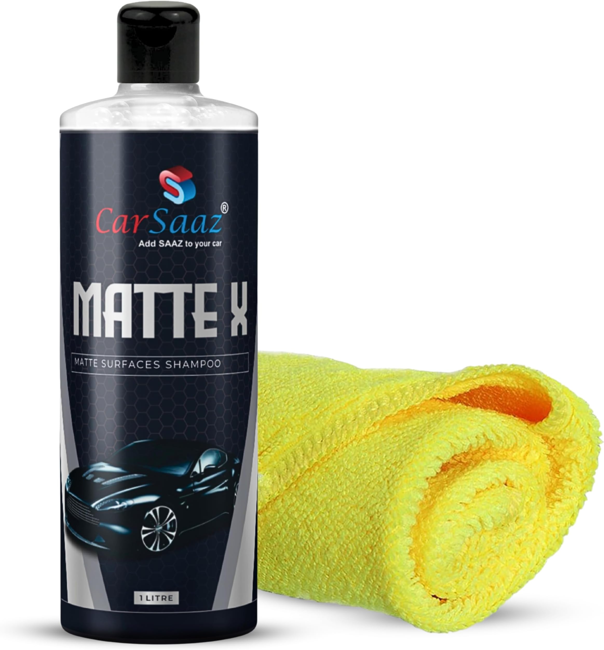 CAR SAAZ Matte X Car & Bike Wash Shampoo (1 Ltr) with Microfiber Cloth 380 GSM | Shampoo for matte vehicles | Wash, Shine & Protect | Matte Car & Bike Shampoo | pH Neutral, Highly Effective (1000 ml)
