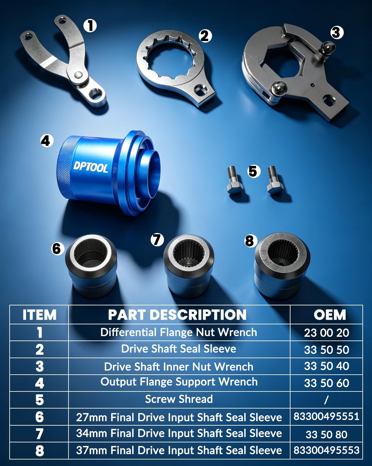 DPTOOL Kit de Herramientas de extracción e instalación del diferencial del Eje de transmisión Trasero Compatible con BMW M2 M3 M4 M5 E70 E90 E91 E92 X3 X5 X6 RWD 4WD Serie 7