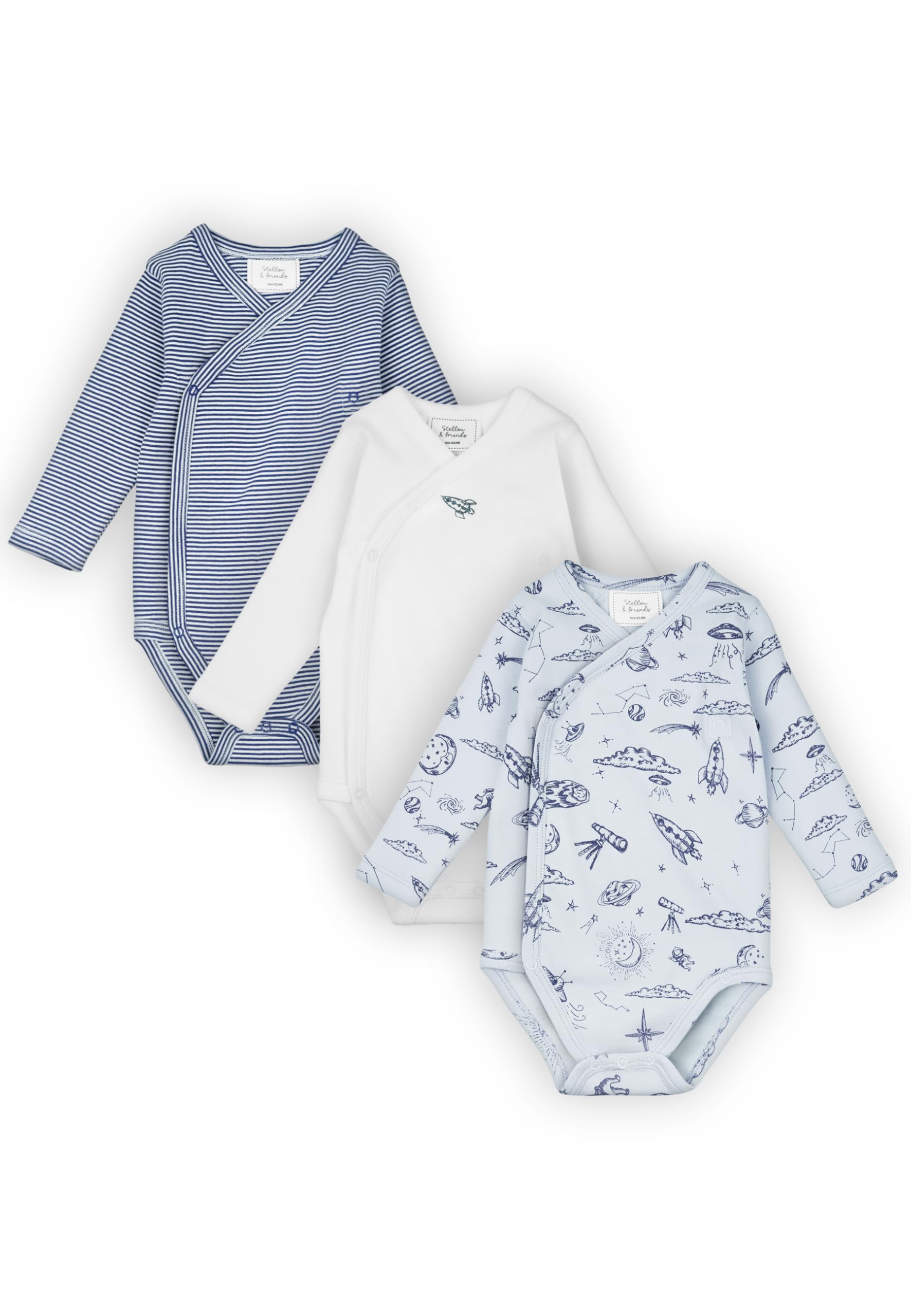 Stellou & friends Baby Body, 100% Bio-Baumwoll Wickelbody 3er MultiSet, kuschelweiche und hochwertige Kinder Kleidung für Jungs und Mädchen, Langarm & Kurzarm-body, OEKO-TEX 100 Zertifiziert