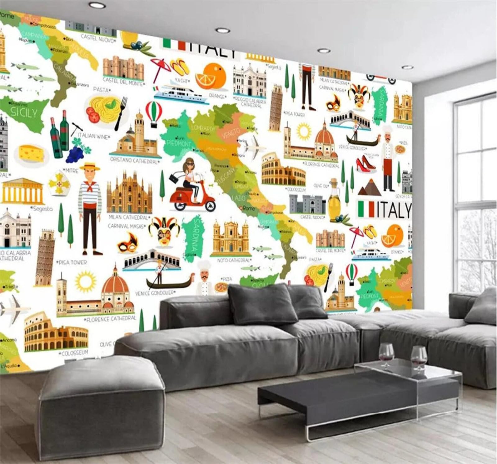 Xlming 350Cm×256Cm(B×H) Hand Drawn Abstract Cartoon World Map Architecture 3D Wallpaper Luxury Home Dining Decor Paste Sofa Living Room The Wall For Bedroom Mural-350Cm×256Cm