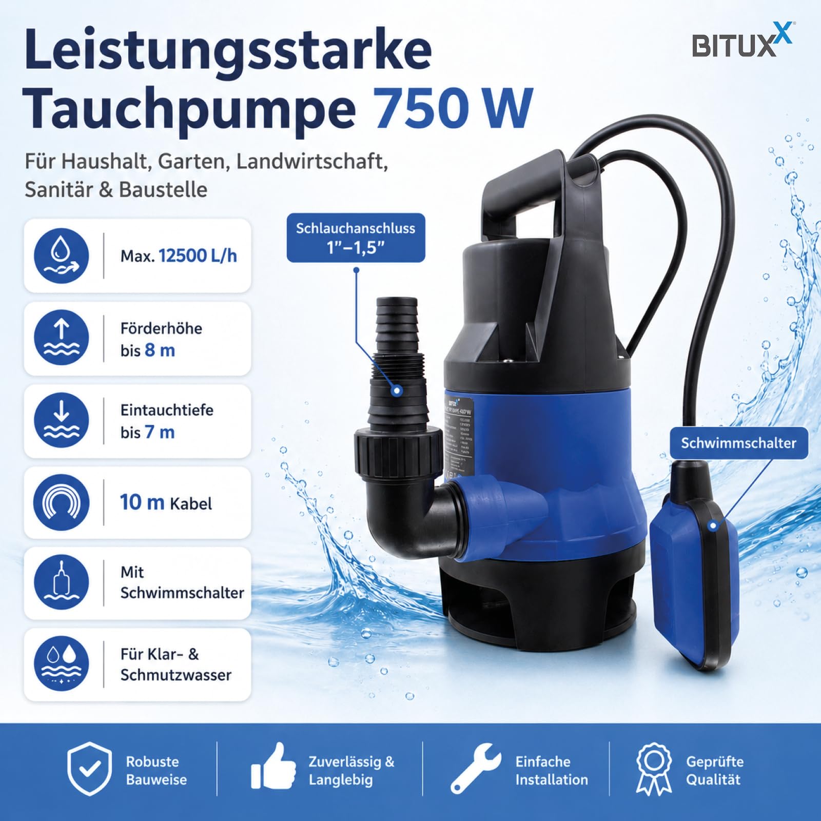 BITUXX® 750W Tauchpumpe Schmutzwasserpumpe für Brunnen Zisterne Bewässern Garten Regentonne Schmutzwasser Bis 12500 Liter/h 1,0-1,5 Zoll Förderhöhe 7 Meter