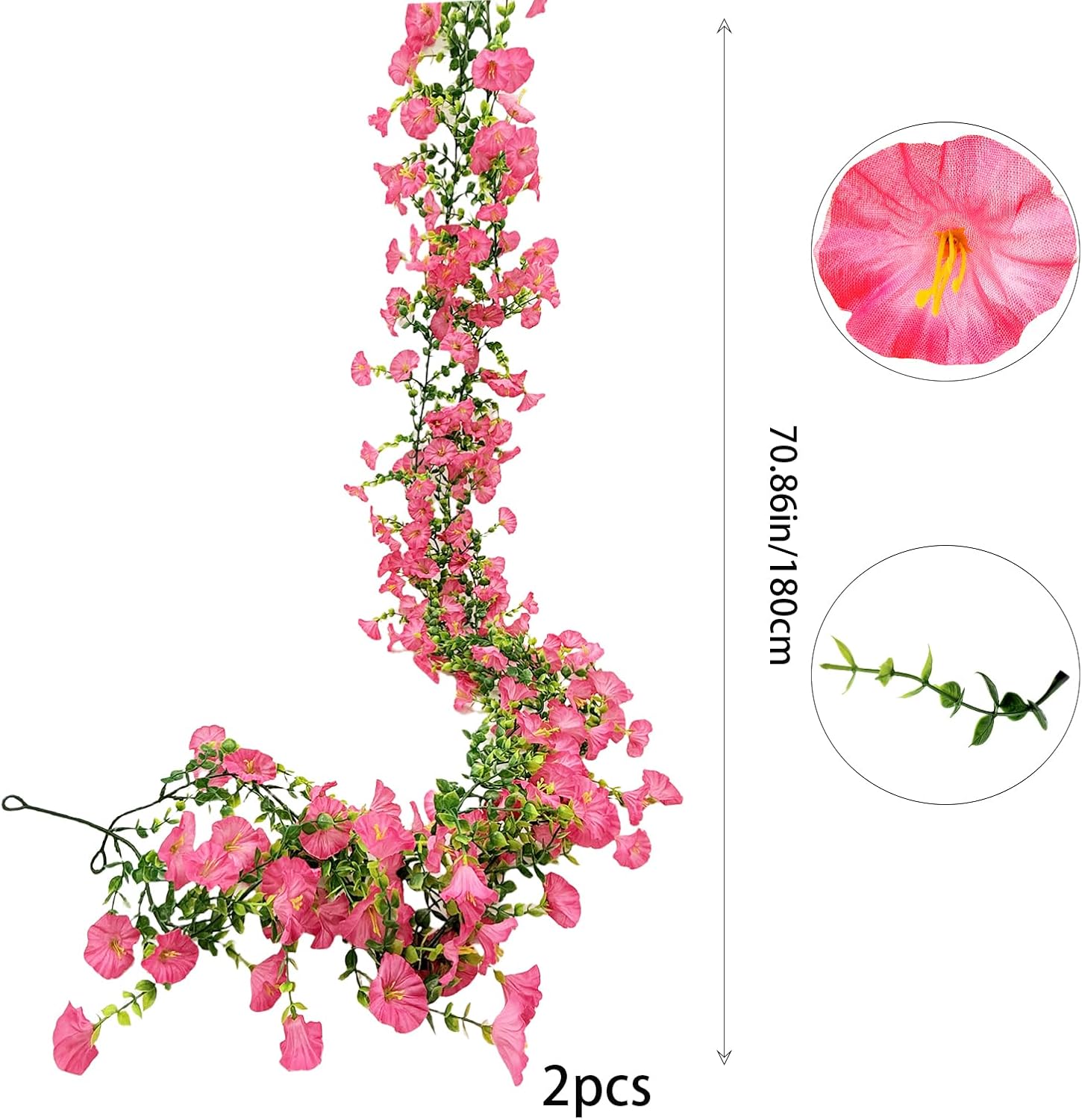 Artificial Flowers Garland 2PCS Pink Artificial Silk Morning Glory Vine Artificial Flowers Hanging Eucalyptus Garland for Wall Fence Arch UV Protected Indoor Outdoor Decor