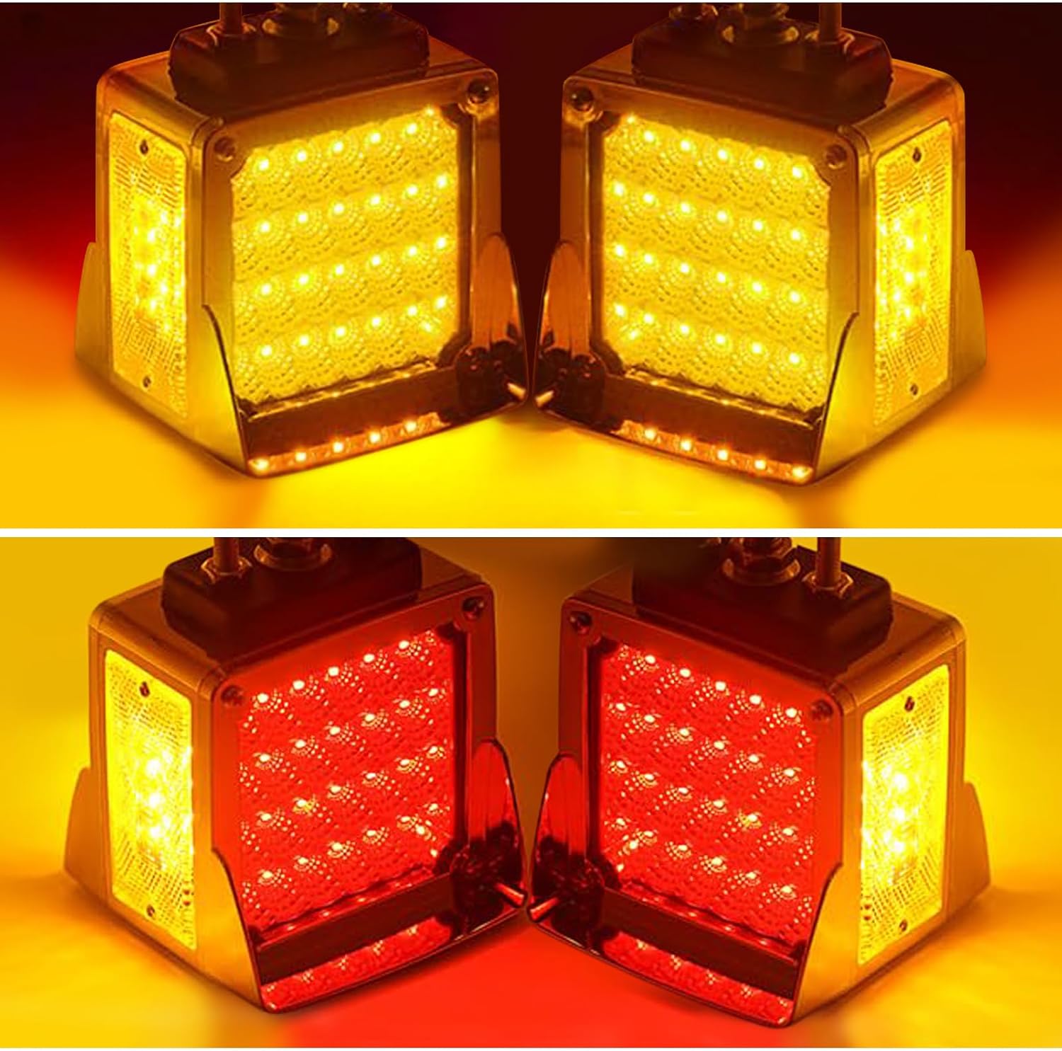2Pack Double Face Square LED Fender Pedestal Amber/Red 60 LED w/Chrome Visor Square Truck Trailer Fender Stop Tail Turn Signal Lights w/Side Reflex Marker Driver and Passenger Side