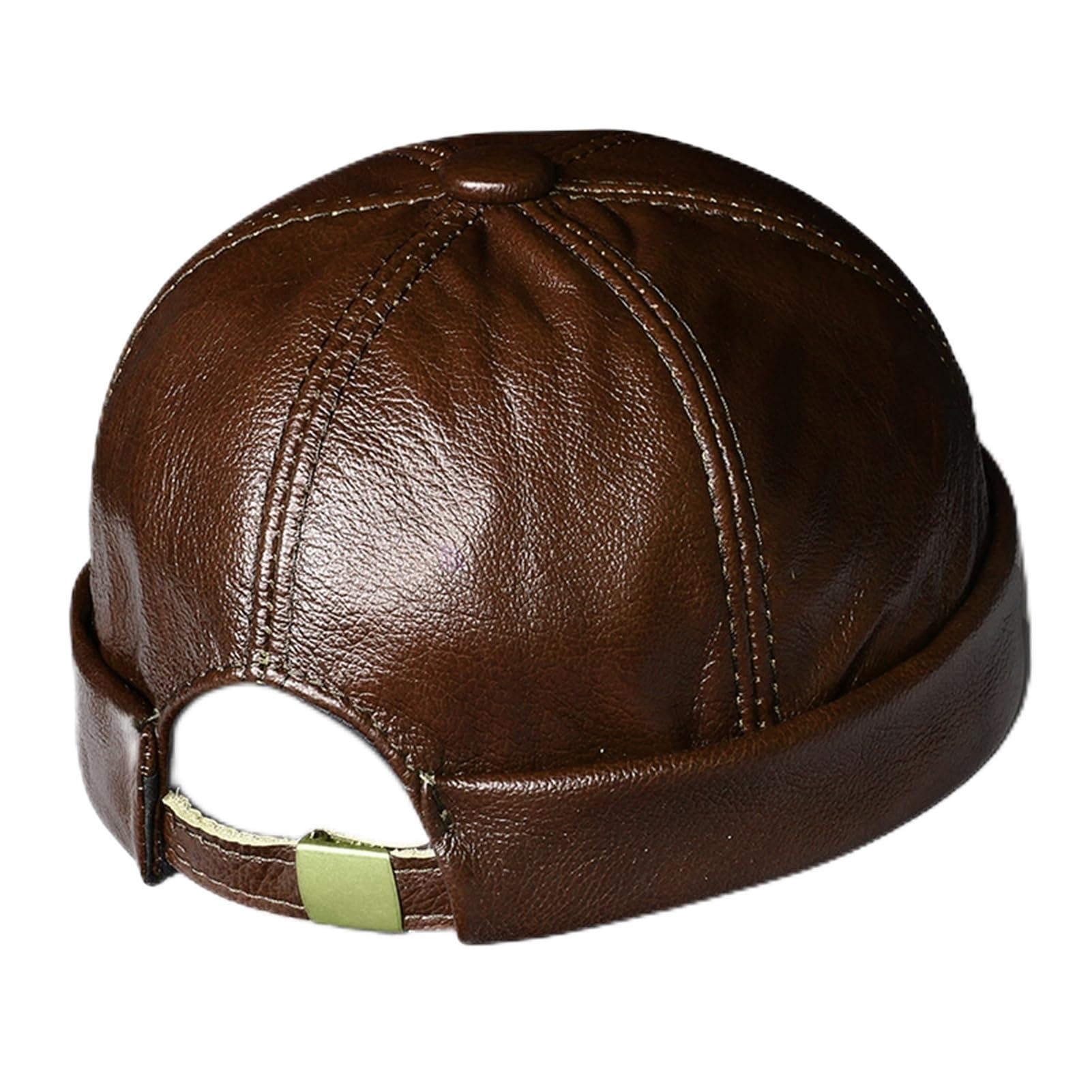 Vnook Retro Men's Genuine Leather Skull Cap Sailor Hat Beanie Rolled Cuff Mechanic Biker Hat(Brown,L)