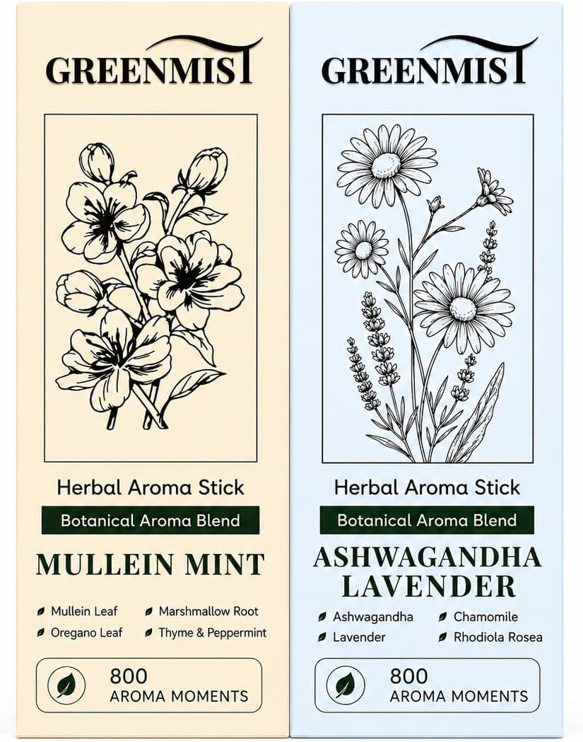 Herbal Aroma Stick Combo Pack, Mullein Mint & Ashwagandha Lavender, Plant-Based Botanical Scent Accessory, Portable Silicone Stick, Yellow & Blue, 800 Aroma Moments Each, 2 Pack