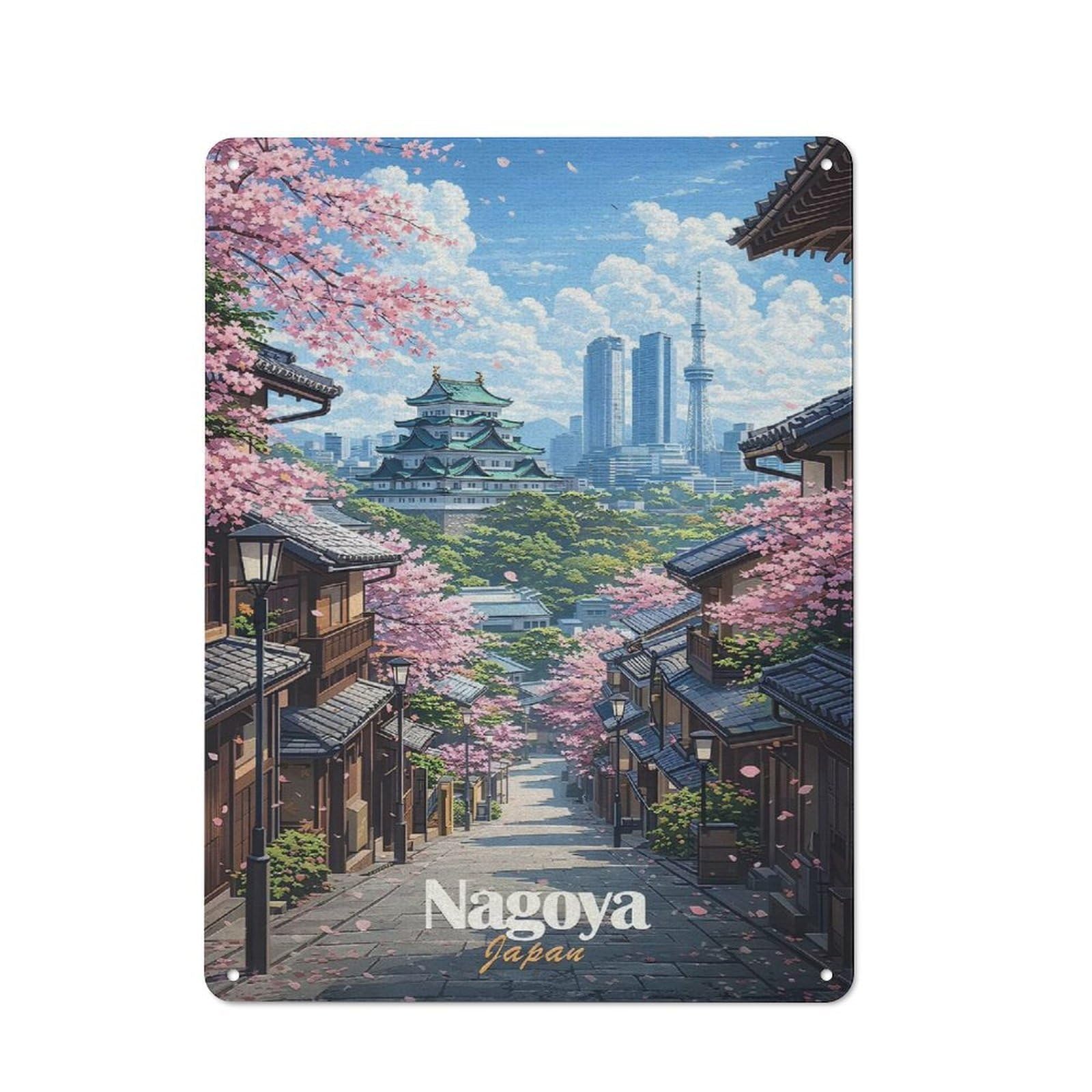 Junmoney Style-14 Retro Metal Wall Sign 40X30cm With Nagoya Castle With Cherry Blossoms For Home Bar Wall, A Decorative Gift For A Newly Furnished Home Bar