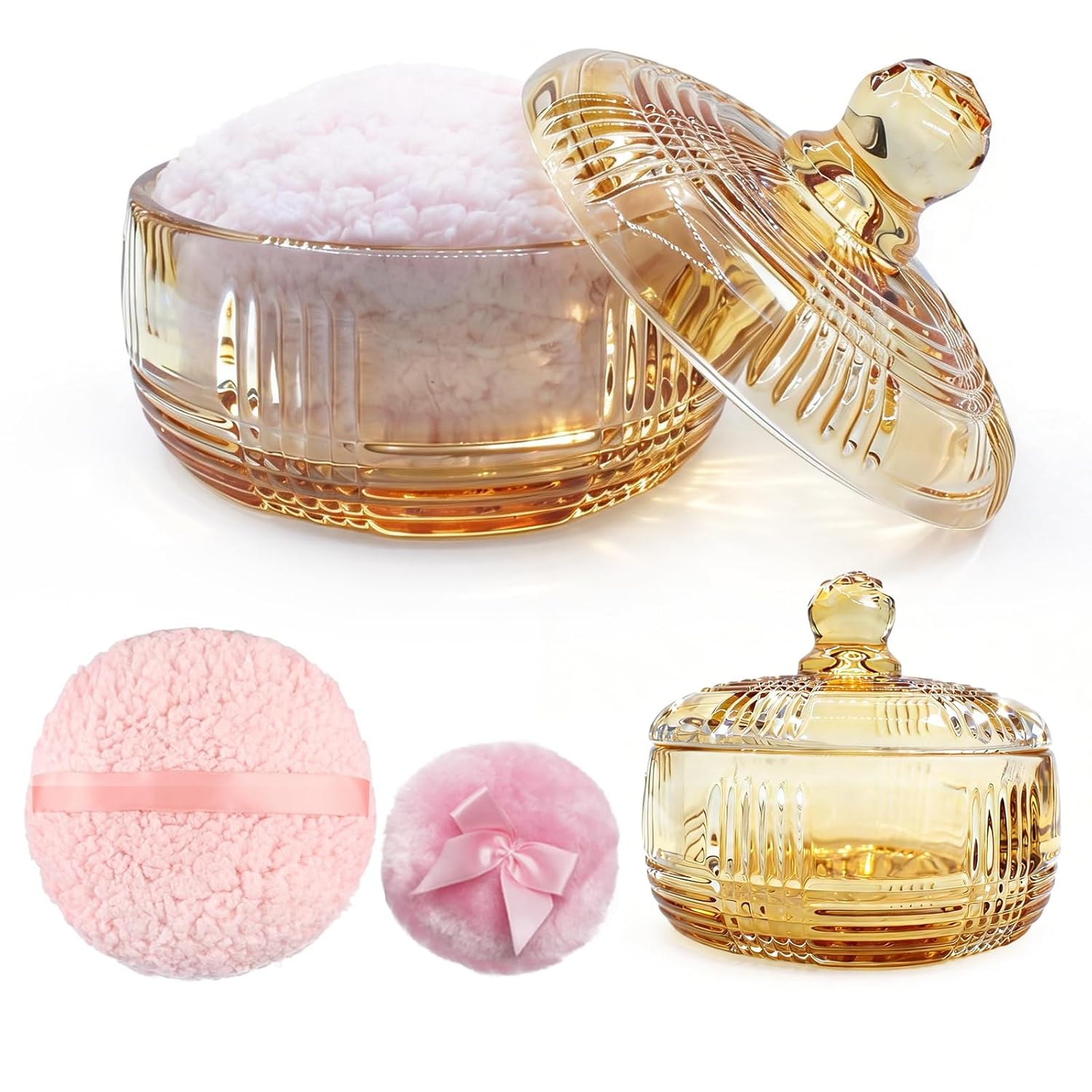 Extra-Large Body Powder Puff and Container - 5.7'' Glass Crystal Dusting Powder Container with 5.9'' Body Soft Washable Reusable Velour Face (astringent)