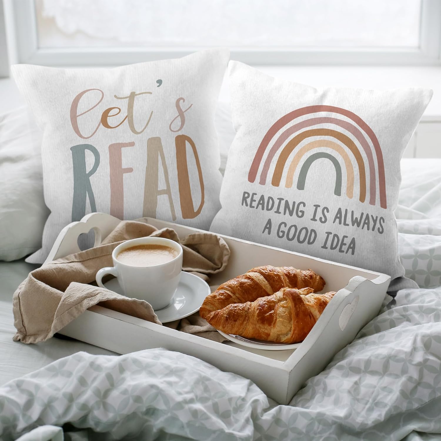 HIWX Let's Read Reading Decorative Pillowcase Classroom Throw Pillows Cover,Classroom Pillow Covers,Boho Rainbow Reading Corner Classroom Kids Room Nursery Pillow Cover Decor 18 x 18 Inch Set of 2 - Image 4