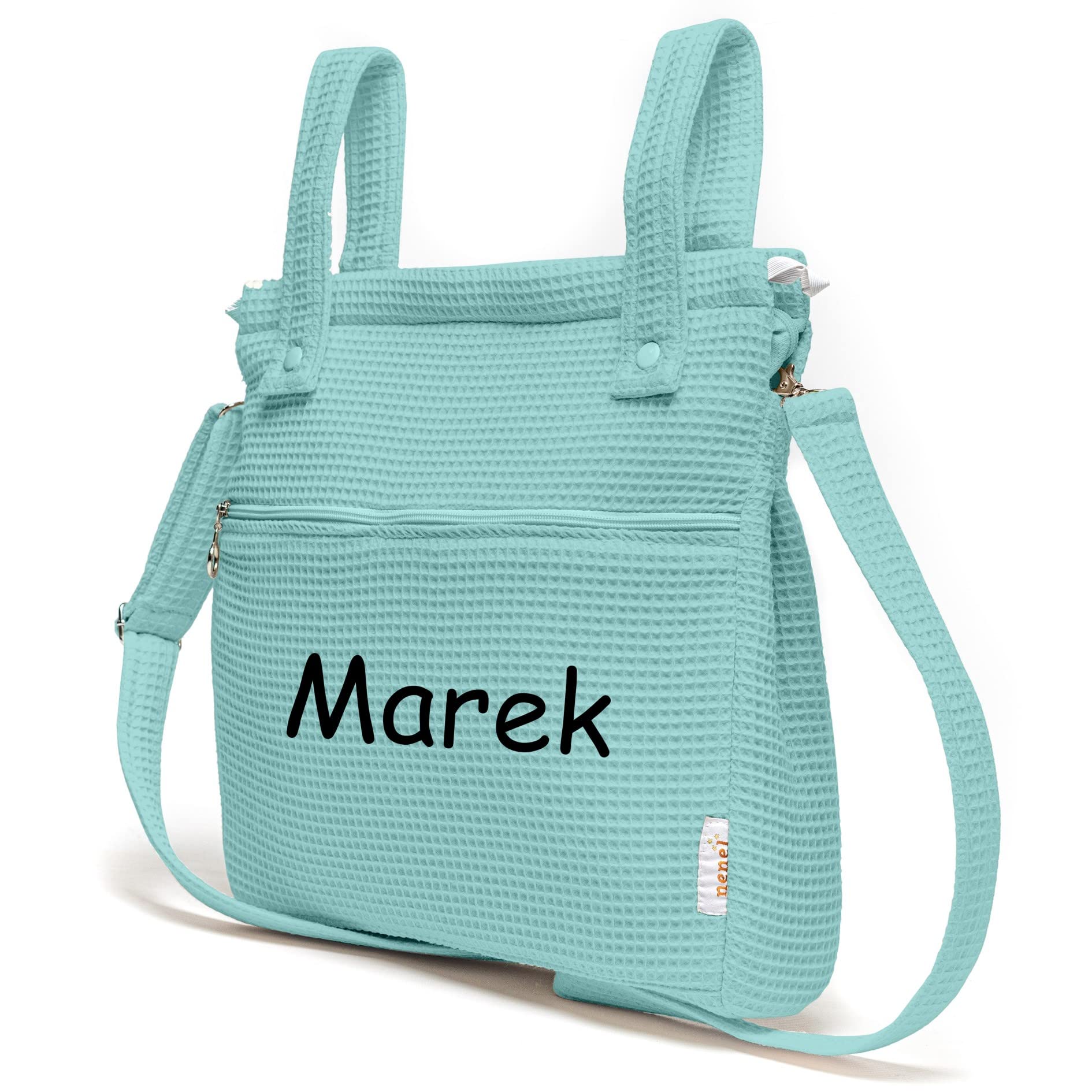 Conjunto de Saco Silla de paseo Universal + Bolso Panera Personalizada – Conjunto Saco Universal + Talega o bolsa para carrito bordada con nombre – Gofre - Waffle – Nenel (Verde agua)