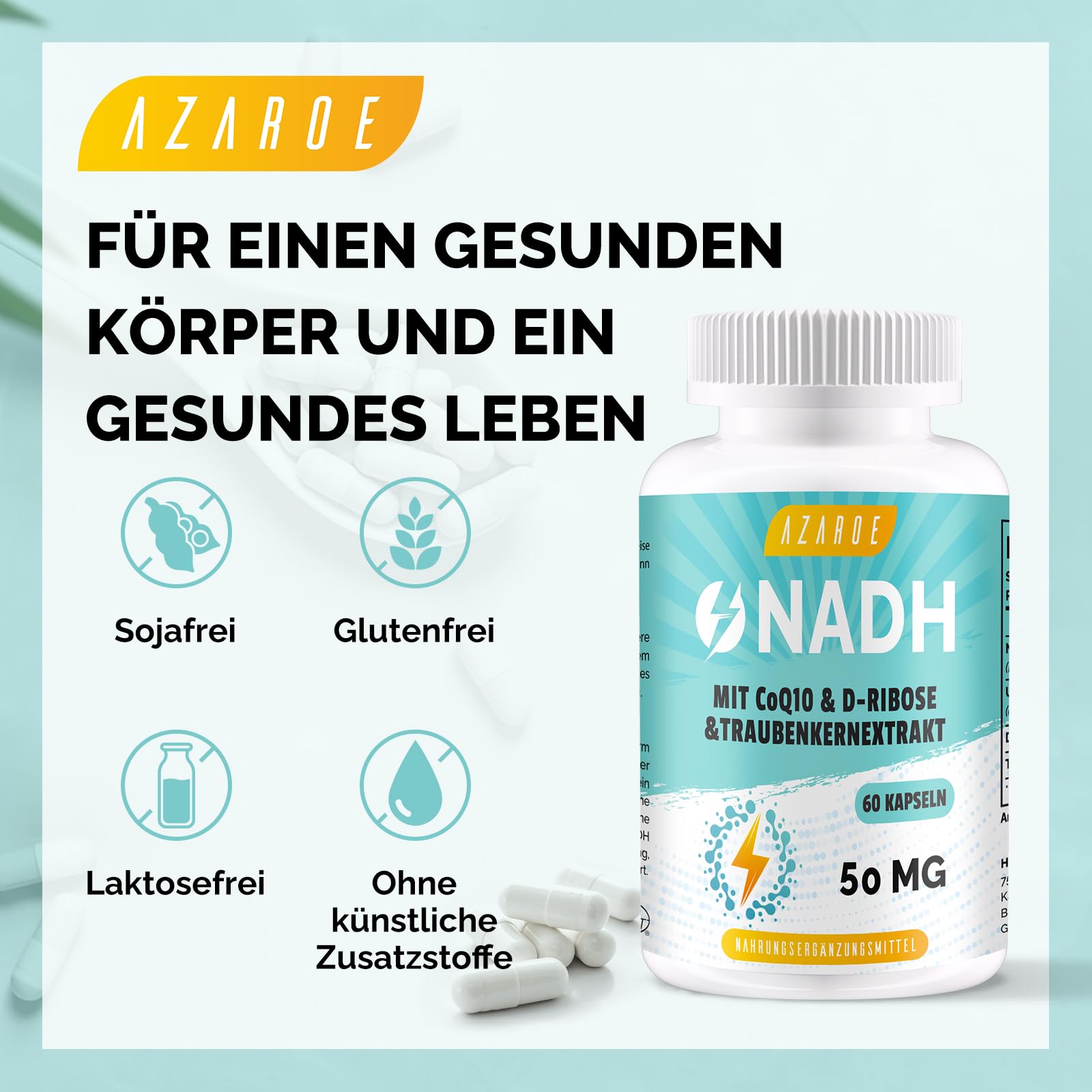 NADH 50 mg, Formule Avancée avec CoQ10, Végétalien, Haute Résistance, Améliore l'énergie Cellulaire, Production d'ATP, 60 Capsules (1 unité)