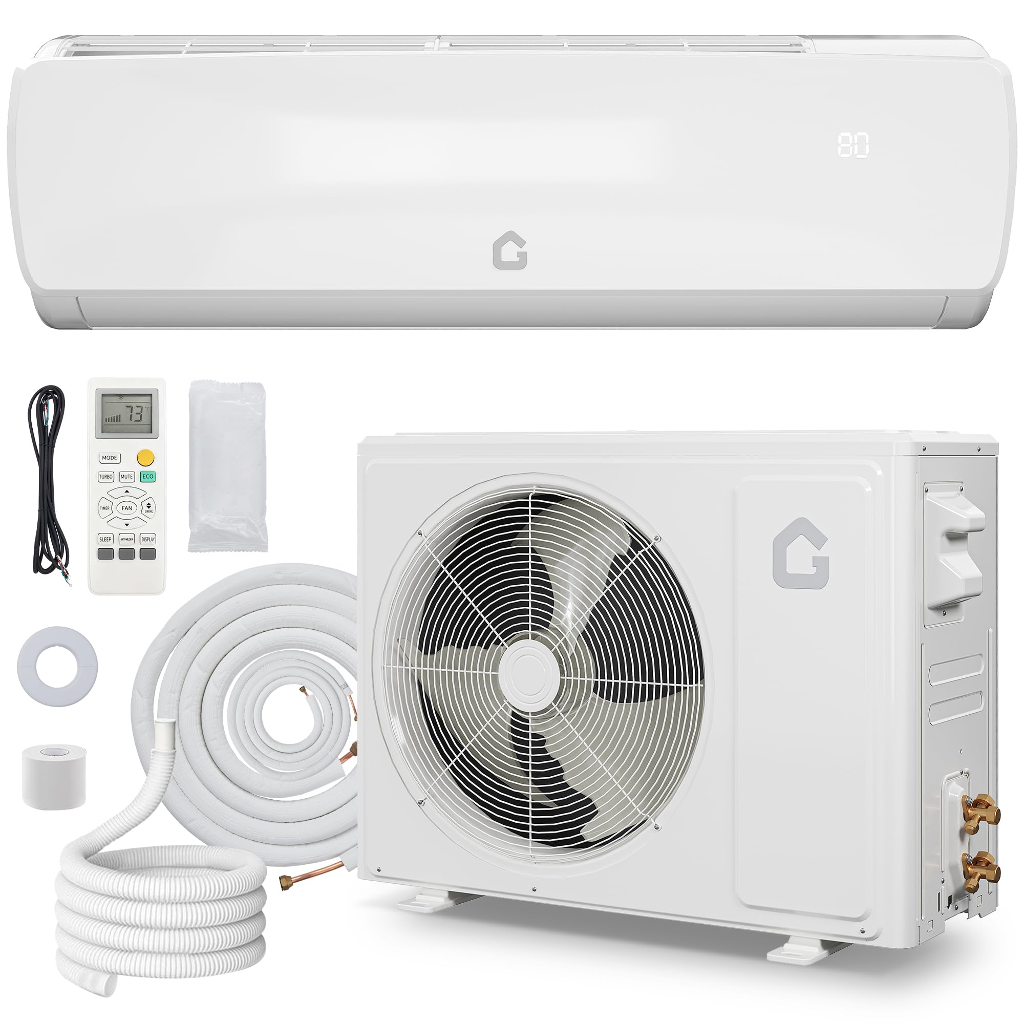 ACONEE 19 SEER 12000 BTU Split Air Conditioner indoor and outdoor units with remote control and installation accessories.