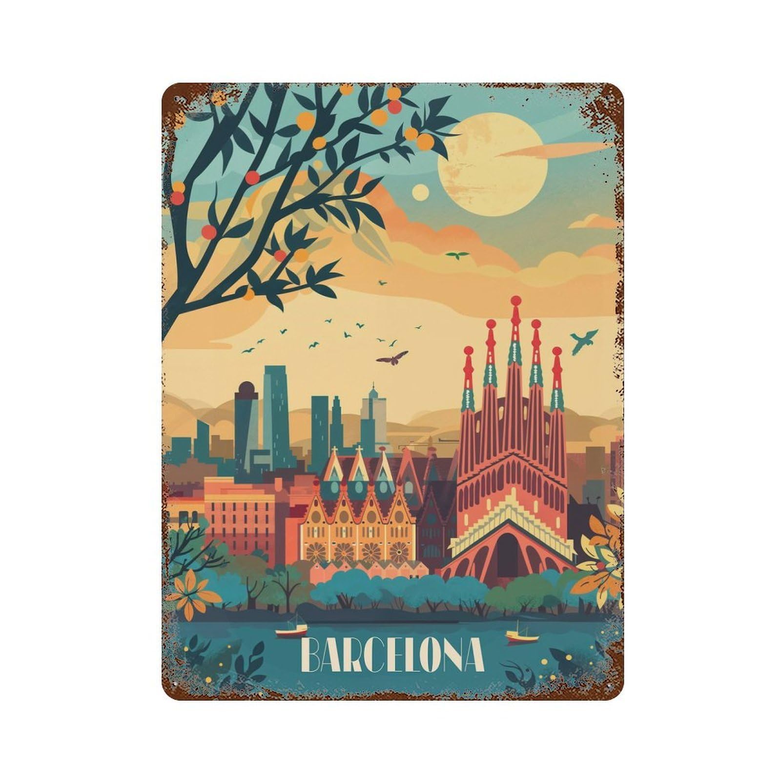 Barcelona Dreamscape Weathered Tin Sign 15.7"x11.8", Shabby Chic Decor for Garage, Pub Or Kitchen