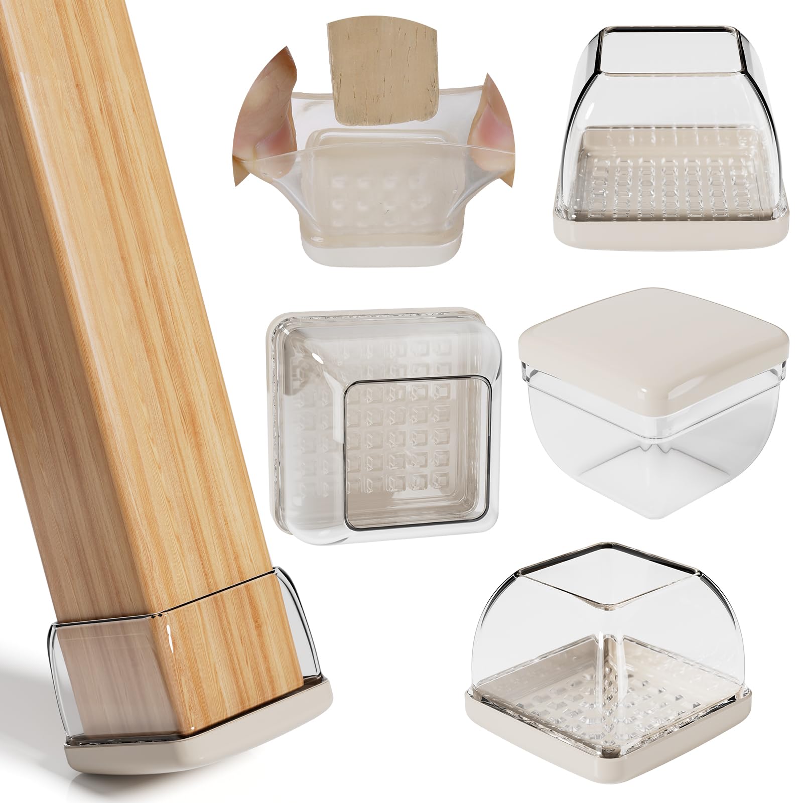 Ezprotekt 2 inch Beige Chair Leg Floor Protectors, Square Furniture Cups Chair Leg Caps, Chair Leg Covers Smooth Moving Chair Feet Protectors