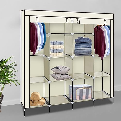 Armario portátil para dormitorio, riel de ropa con funda de tela no tejida, organizador de almacenamiento de ropa, perchero de ropa, 12 estantes, 4