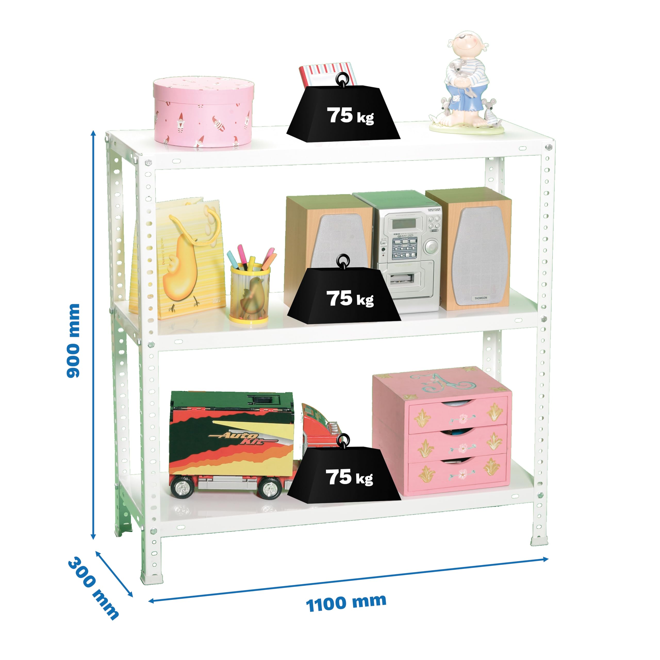 Simon Rack Scaffale Metallo Garage, 3 Ripiani, 75 kg di Punto di Flessione, 900x1100x300 mm, Con Viti, Scaffale Garage, Bianco - Advantage
