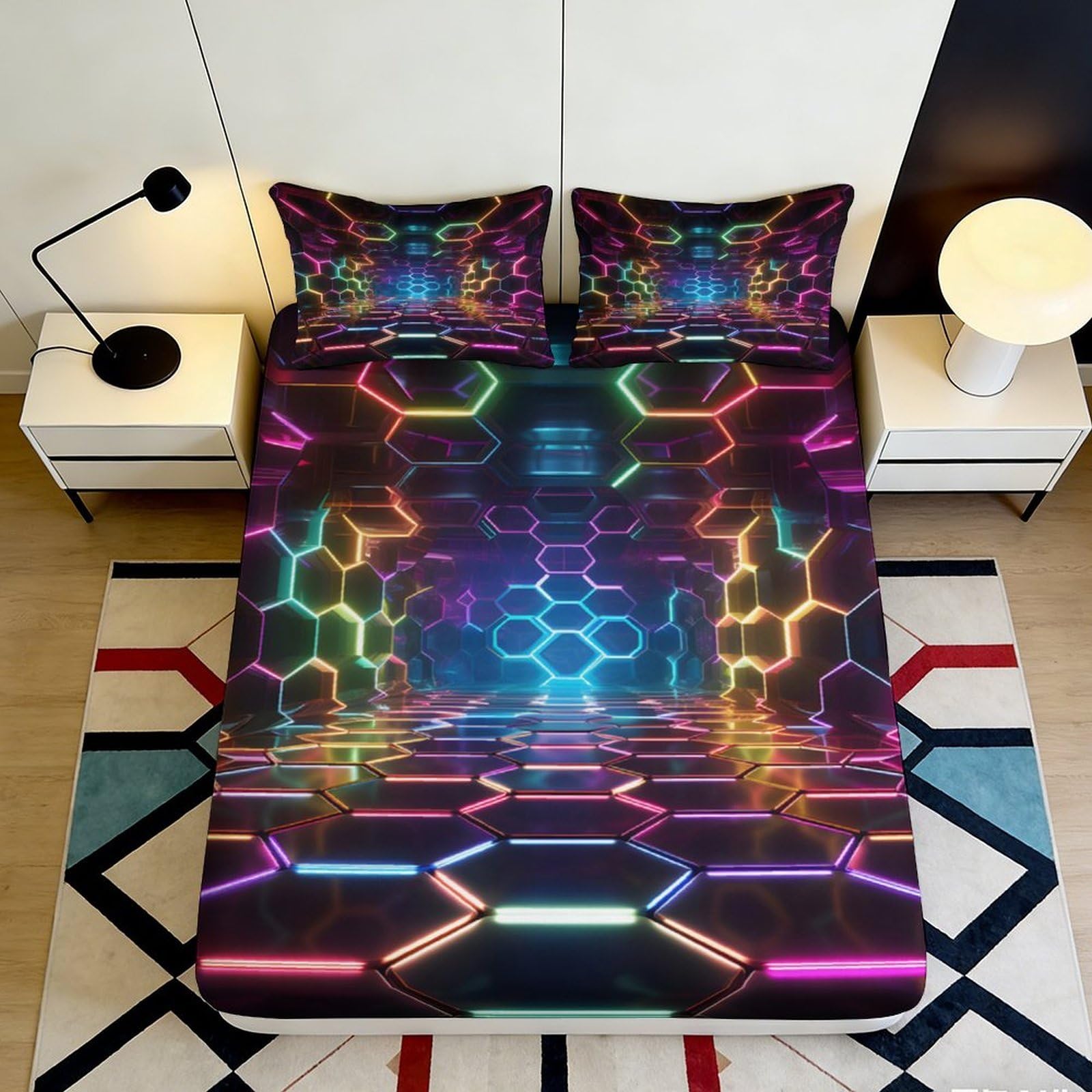 3D Printed Neon Hexagon Fitted Sheet Microfiber Soft Breathable Futuristic Grid Bed Cover for Bedroom Dorm Decor 90x200x25cm