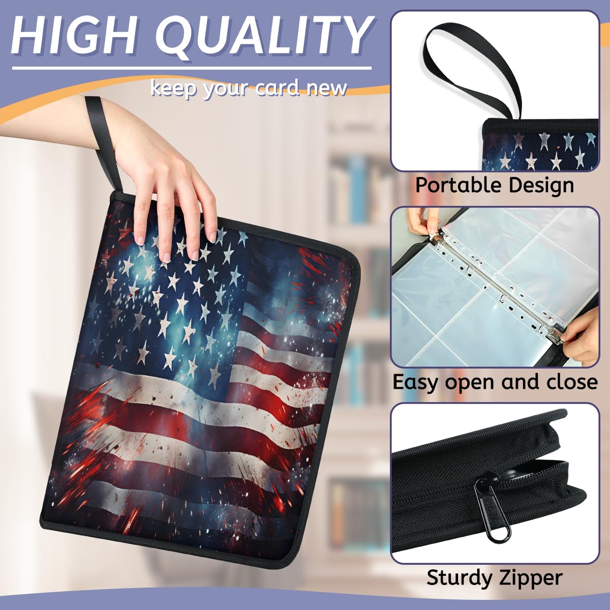 Raccoglitore per carte collezionabili con 4 tasche per il 4 luglio, vintage, con bandiera americana, raccoglitore per carte con maniche rimovibili, impermeabile, con cerniera, 50 pagine, capacità 400