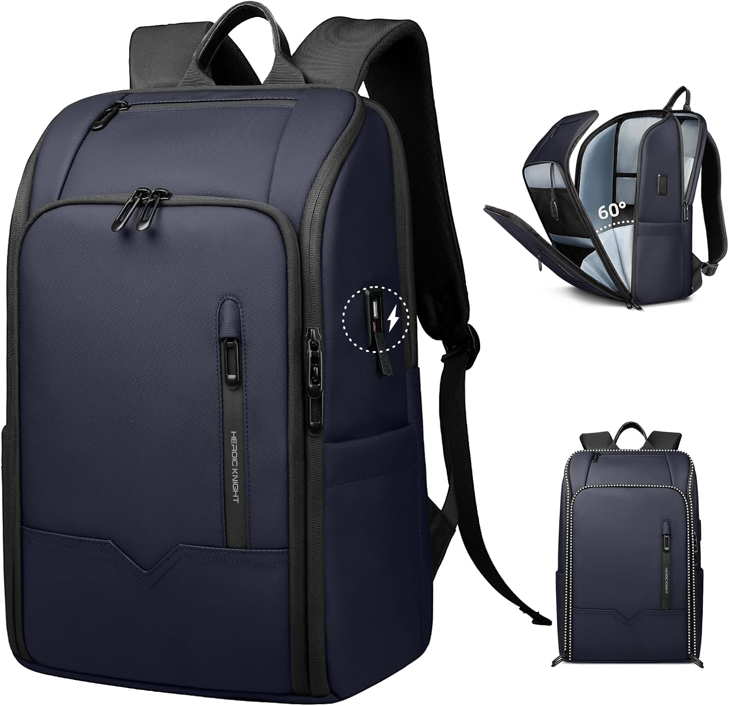 HEROIC KNIGHT Mens Business Backpack, Water-Resistant 15.6 Inch Laptop Rucksack with USB Charging Port Anti-Theft Travel Hiking Cabin Backpack High-Tech Casual Daypack for Work Office College