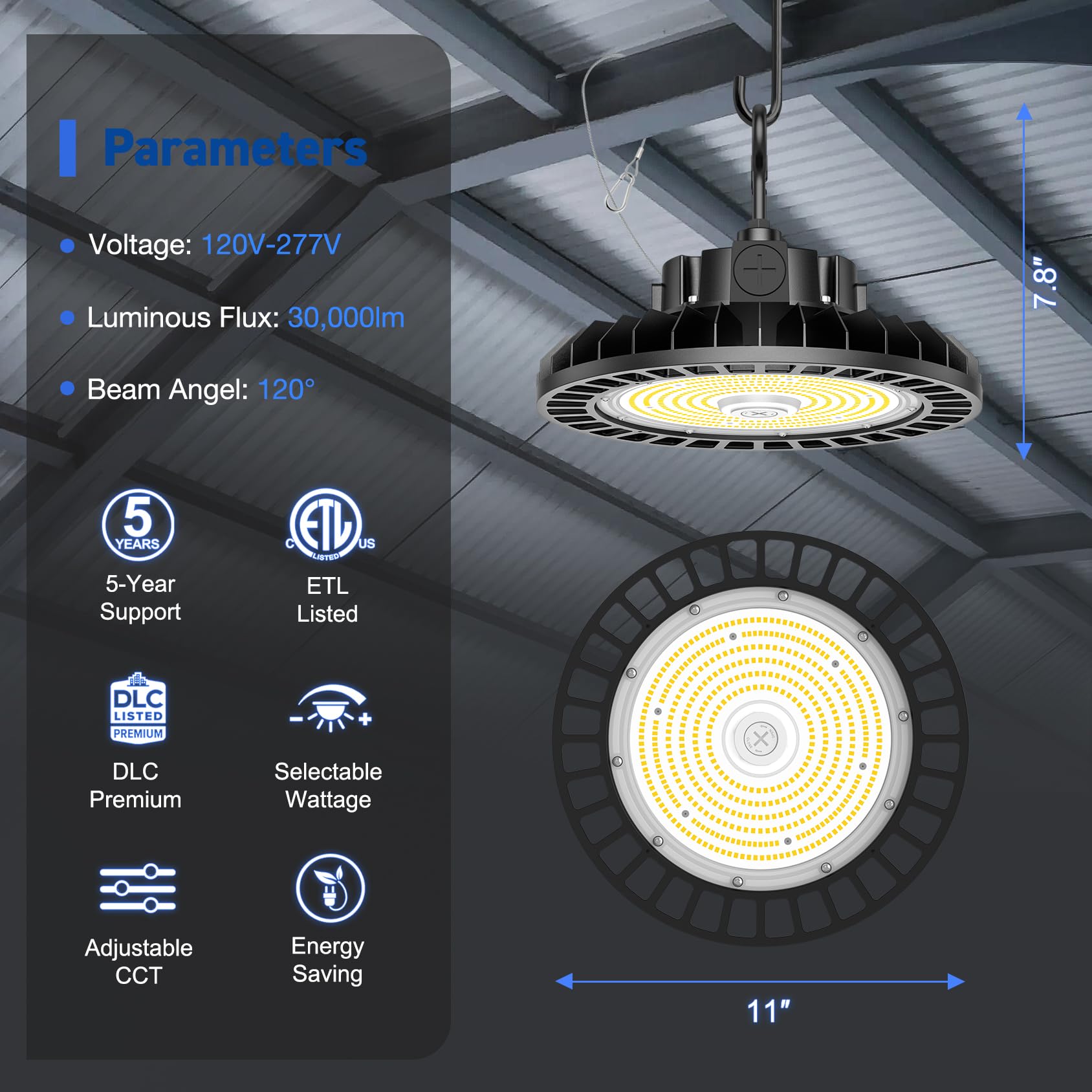 16-Pack Highbay LED Shop Light 200W 160W 120W 3-Wattage 4500K 5000K 5700K 3-CCT Hibay Fixture Motion Sensor Interface — view 12