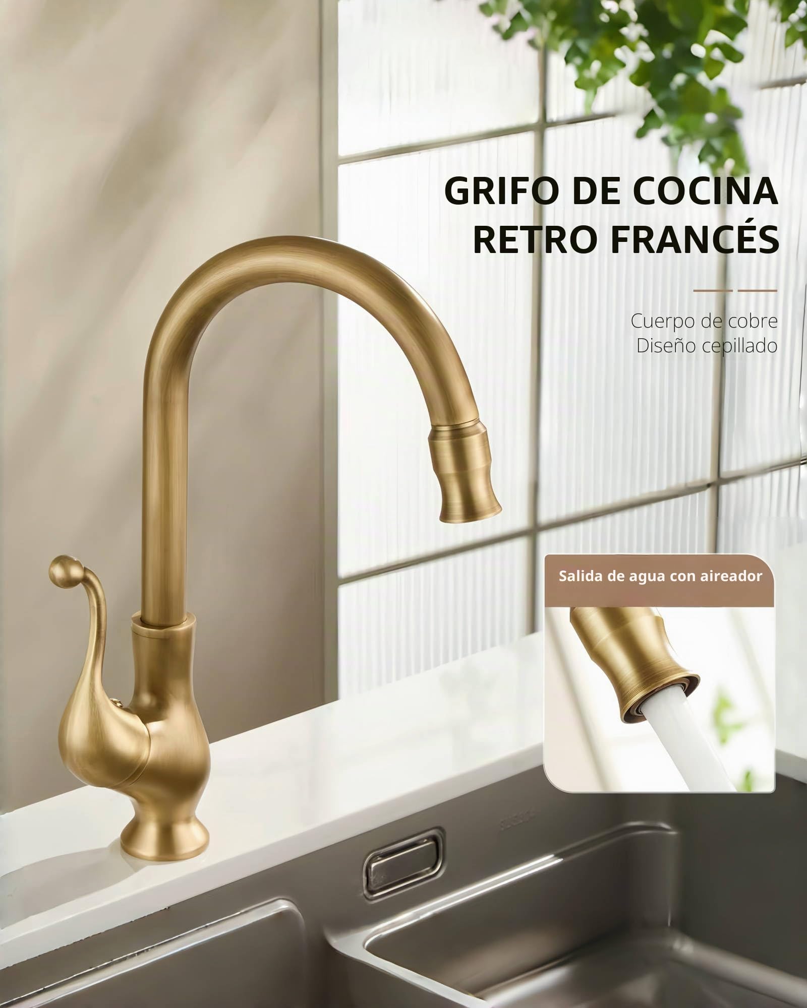 Grifo Cocina Alto Latón Antiguo, Mezclador Monomando Fregadero Bronce Retro, Giratorio 360° Griferia Lavabo Baño Cobre con Caño Alto de Arco