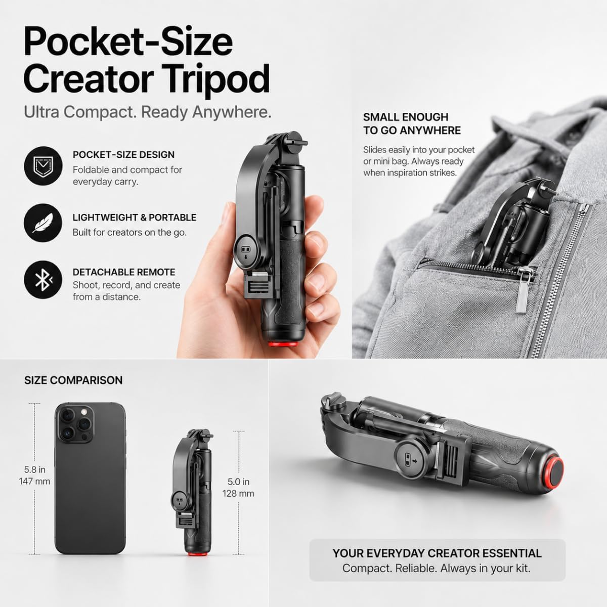 Minimal Creator Pocket Tripod for iPhone, Auto Pop Open | 27.5 inch pocket phone tripod with Bluetooth remote for TikTok, Reels, vlogging and quick everyday content