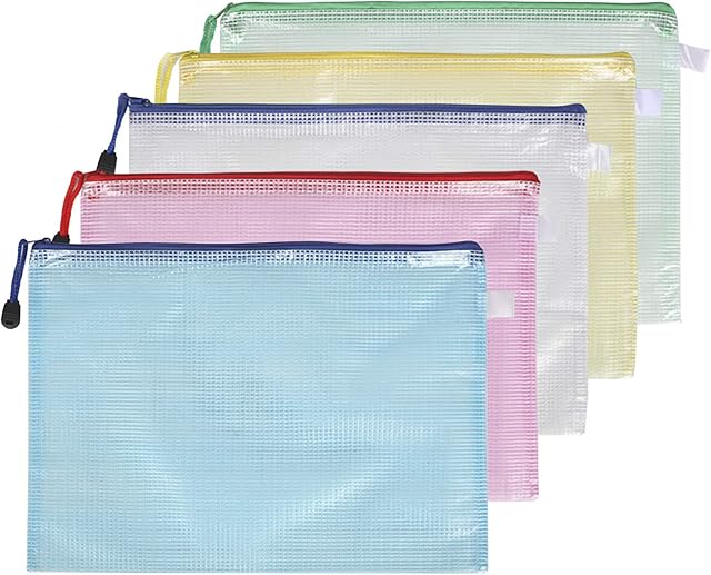 Arnech 5Pcs A5 Plastic Wallets, Ziplock Bags A5 Mesh Document Folders for Files Storage, School, Office, Homework Travel Storage Bags, Paper Organization, Cosmetics (A5-5PCS)