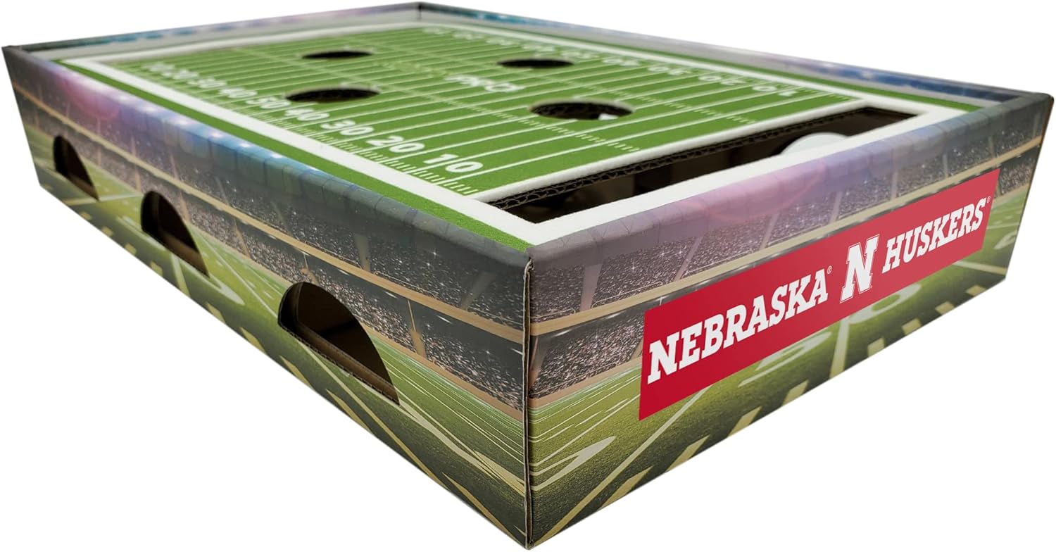 Pets First NCAA Nebraska Cornhuskers Cat Scratcher Box, Game Day Cat Toy, NCAA Football Field Designed Cat Scratcher and Lounge, Stimulating Cat Game