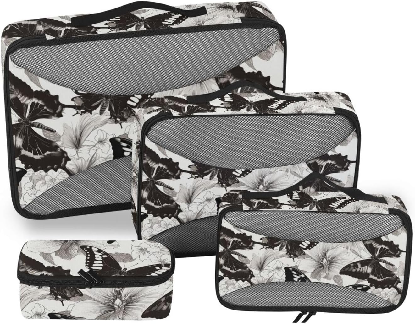 Black White Butterfly 4 Pcs set organizer for travel Mesh Travel Essentials expandable travel cubes for packing