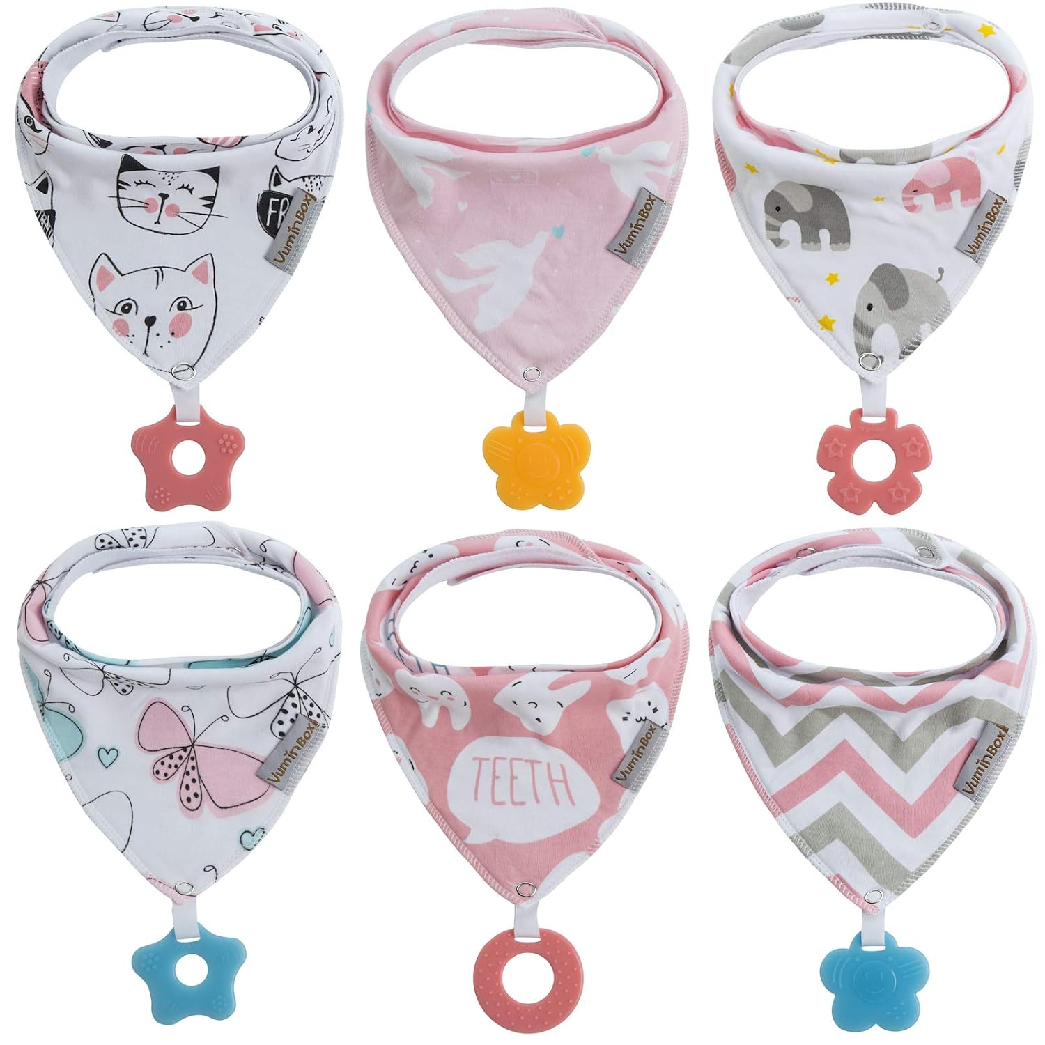Baby Bandana Drool Bibs 6-Pack and Teething Toys 6-Pack Made with 100% Organic Cotton, Absorbent and Soft Unisex (Vuminbox) (6 - Pack Girl): Baby