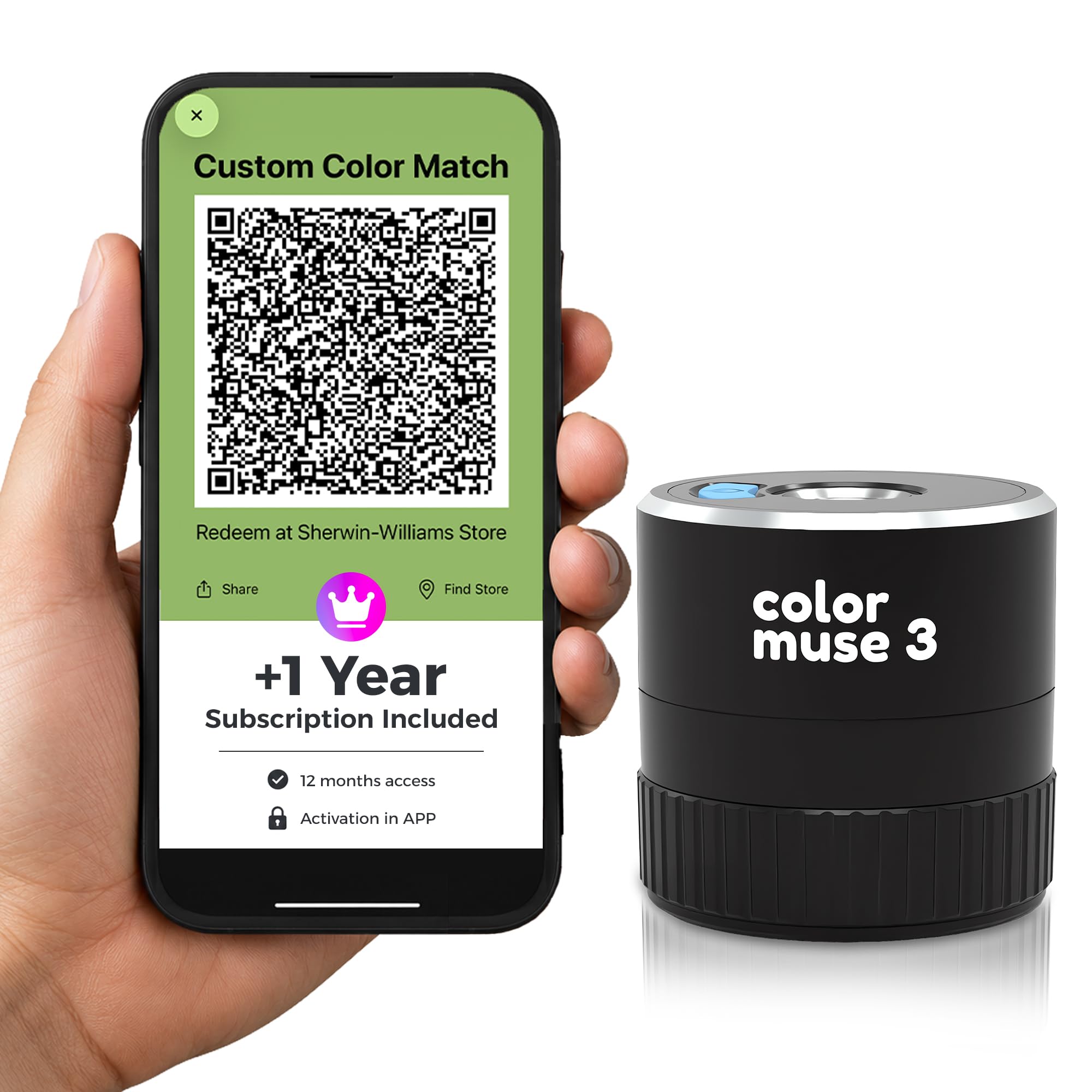 COLOR MUSE 3 con suscripción a la aplicación de 1 año, dispositivo portátil de combinación de colores de pintura, sensor de colorímetro inalámbrico para coincidencias precisas de tono y brillo
