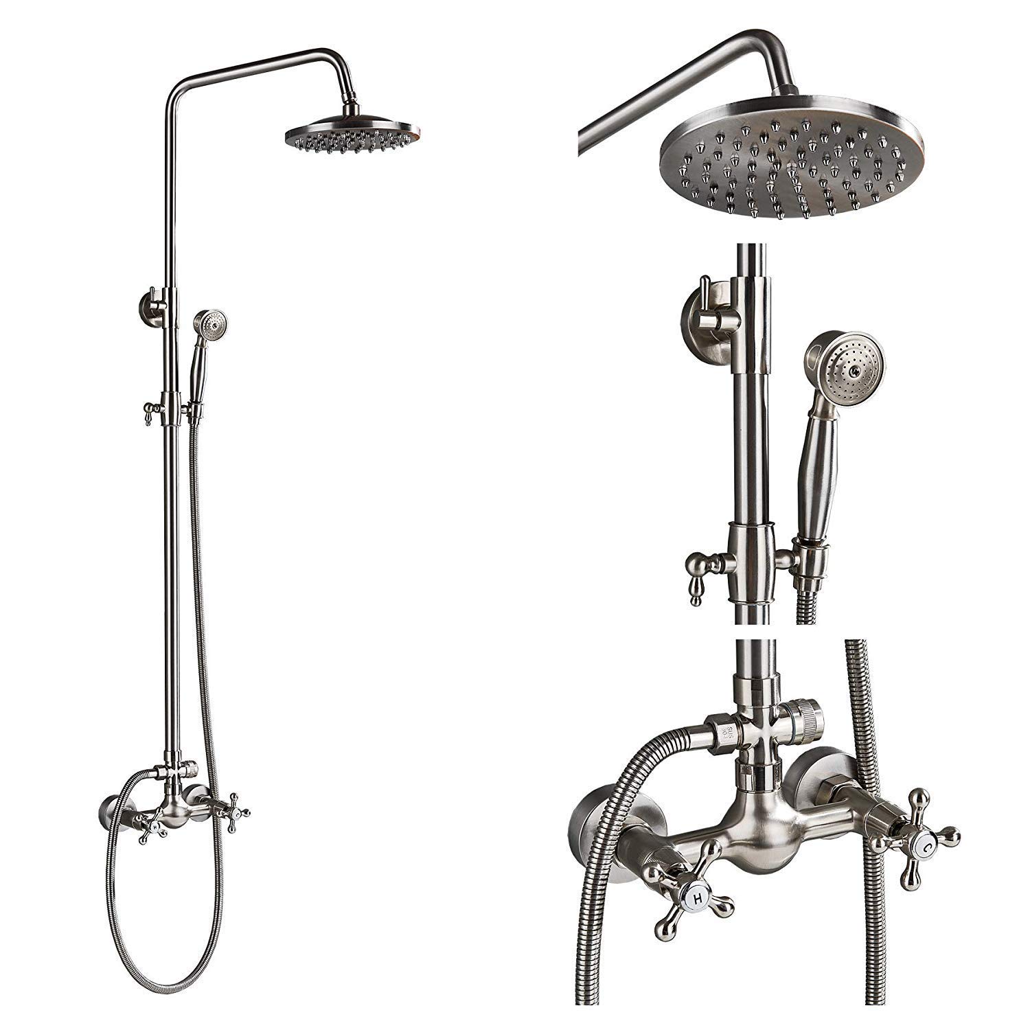 NGDFGR Wall Mounted Bathroom Shower Faucet Set 2 Knobs Mixing 8-In Rainfall Shower Head + Handheld Spray Brushed Nickel,Luxury Shower Set