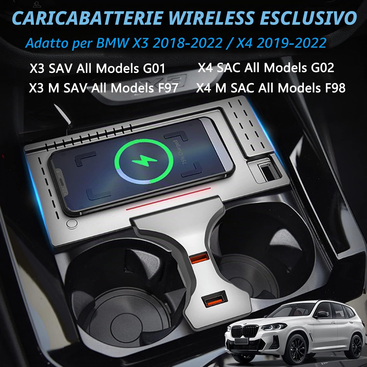 Caricatore Wireless Auto per BMW X3/X3M G01 2018 2019 2020 2021 2022 per BMW X4/X4M G02 2019 2020 2021 2022 15W Pannello Rapida Ricarica Telefono Pad per iPhone 12/13 Pro/13 Samsung S22/S21