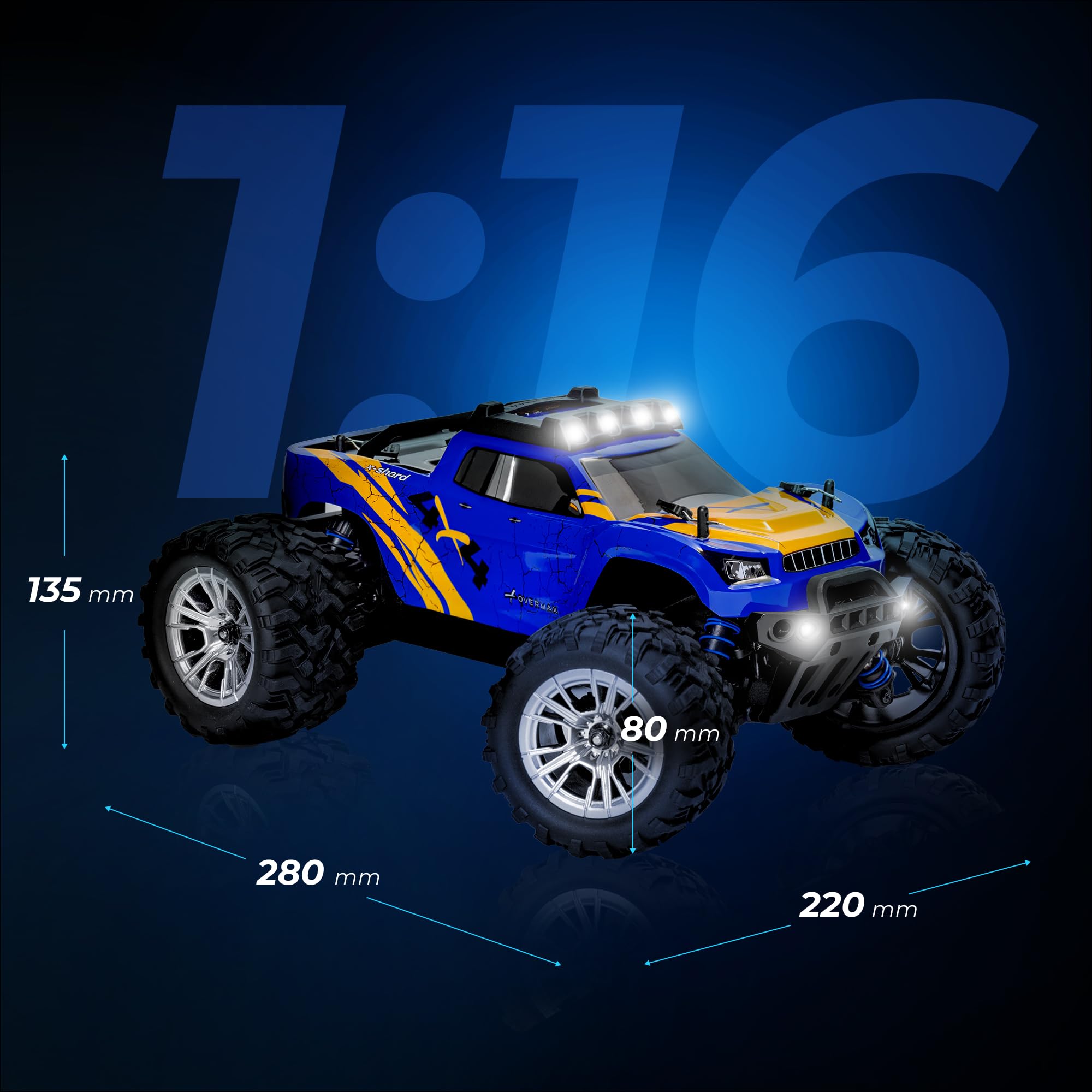 Overmax X-Shard Auto radiocomandata 4WD 1:16 fuoristrada fino a 30 km/h, con limitatore di velocità, 2,4 GHz RC Monster Truck con azionamento in metallo, ammortizzatori, portata 90 m, per bambini dai