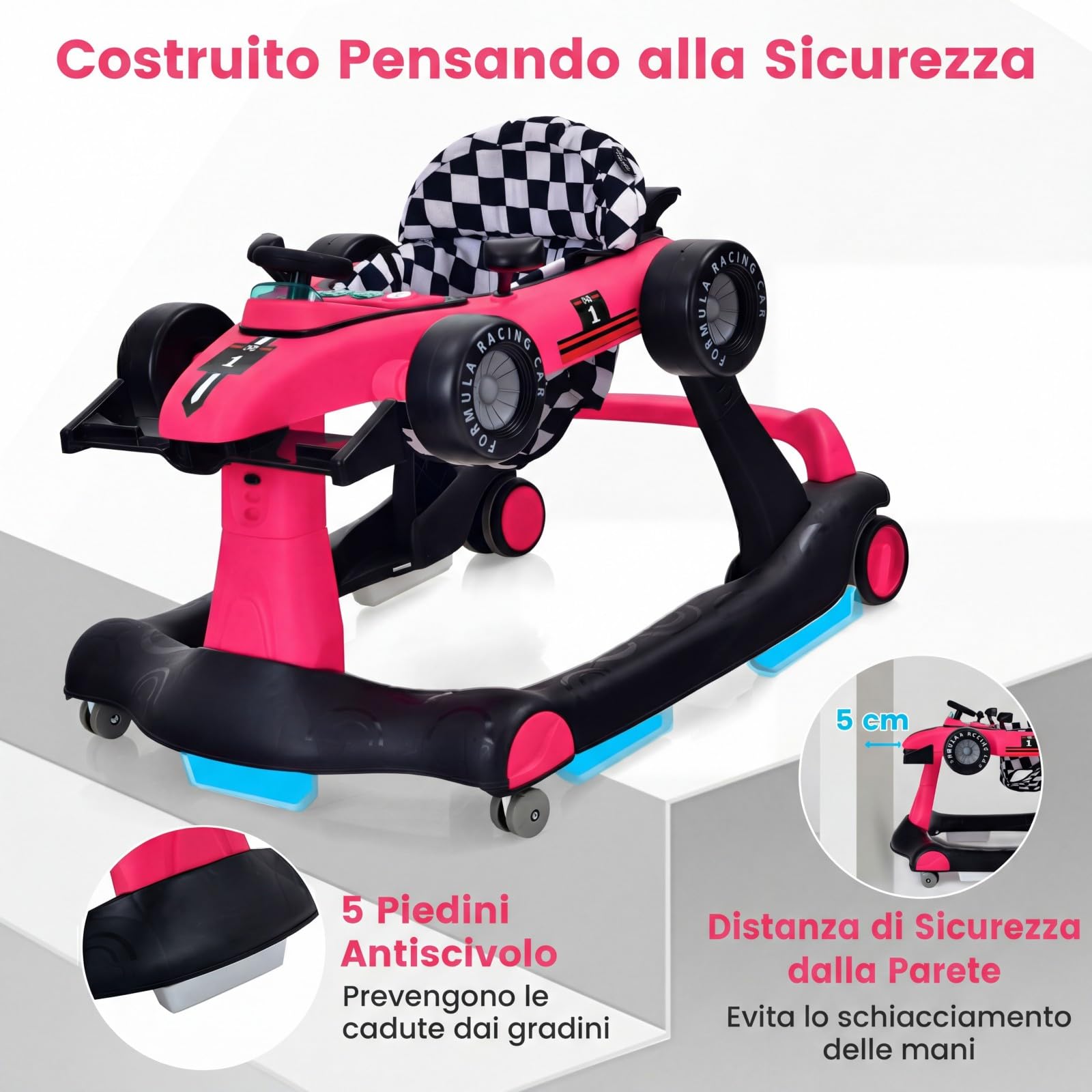 RELAX4LIFE Girello per Bambini 6 in 1 con Luci e Suoni, Vassoio Giocattolo Rimovibile, 2 Velocità Ruote e 3 Altezze Regolabili 50,5/53,5/55,5 cm, Portata 12 kg (ROSA SHOCKKING)