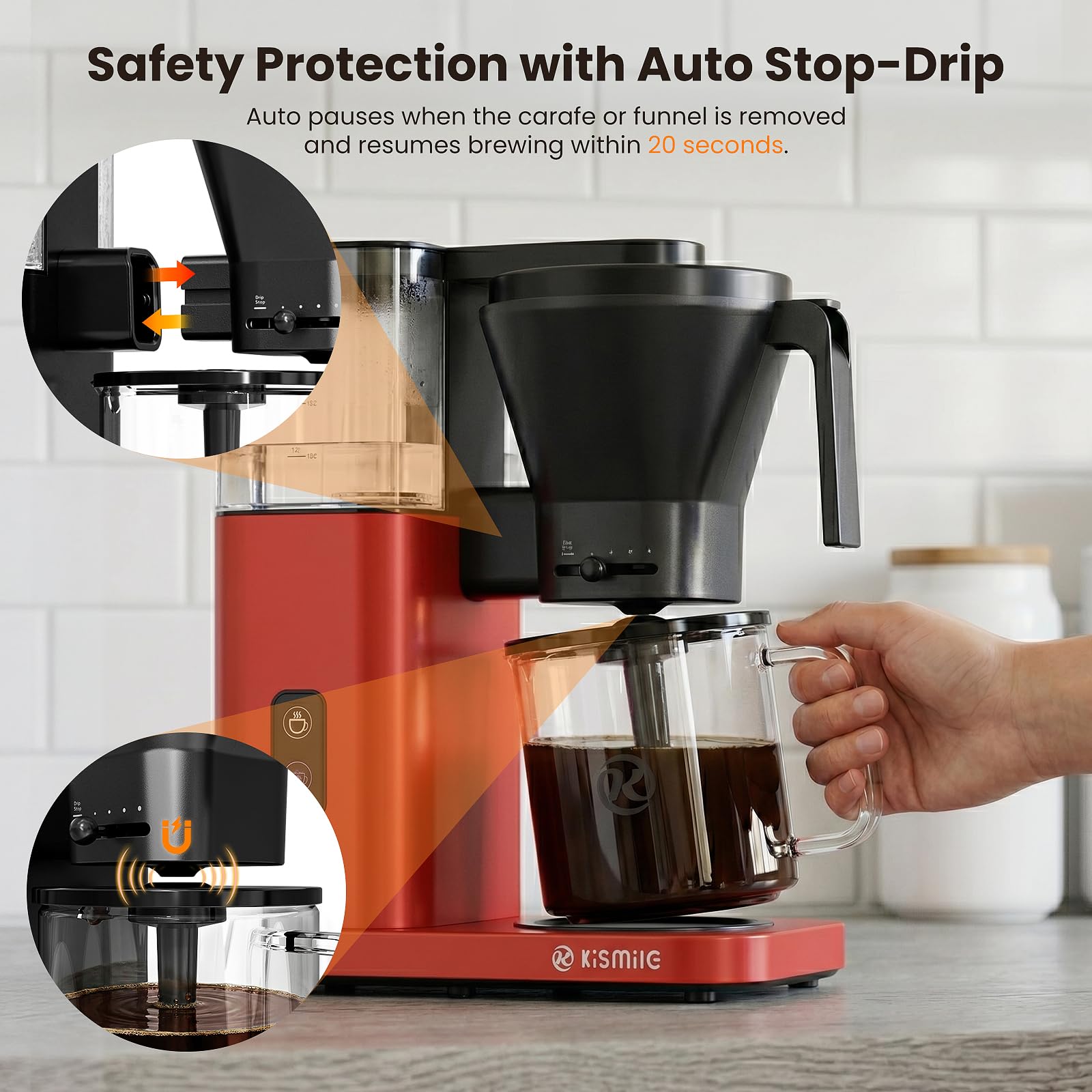 Kismile 8-Cup Coffee Maker, SCA Certified Hot & Cold Brew Coffee Machine, 6-Min Quick Brew, Magnetic Anti-Drip, Keep Warm/Auto-off, Dishwasher Safe, DIY Manual Mode, 44oz Removable Reservoir, Red