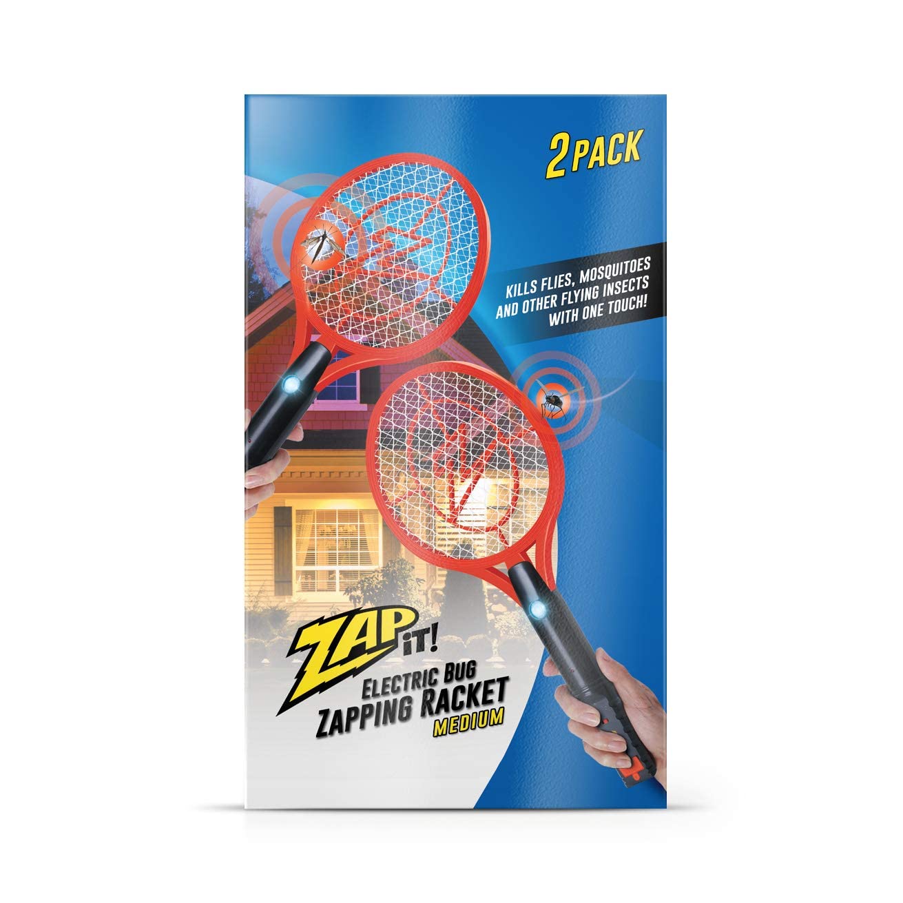 Zap It Bug Zapper - Raqueta de matamoscas recargable, matamoscas eléctrico, exterminador de mosquitos, 4,000 voltios, cable de carga USB, paquete de 2 (mediano, rojo) | Matamoscas de alto voltaje, matamoscas recargable, luz LED, función de carga USB