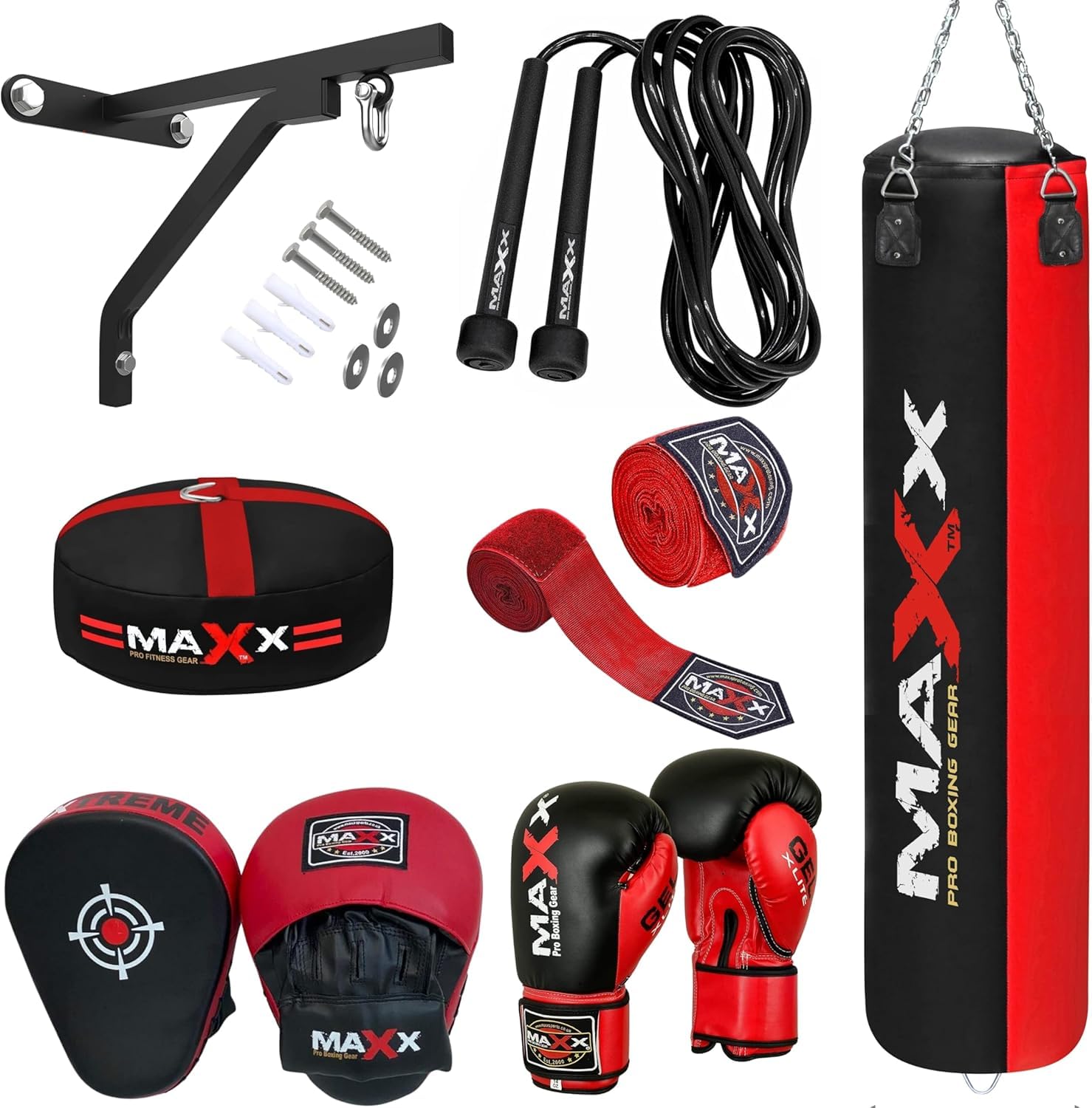 Maxx Home Gym Boxing Punch Bag Set (3ft, 4ft, 5ft) with Gloves, Focus Pads, Floor Anchor Bracket, Rope, Hand Wraps & Chain – Complete Training Kit (3FT, 10OZ)