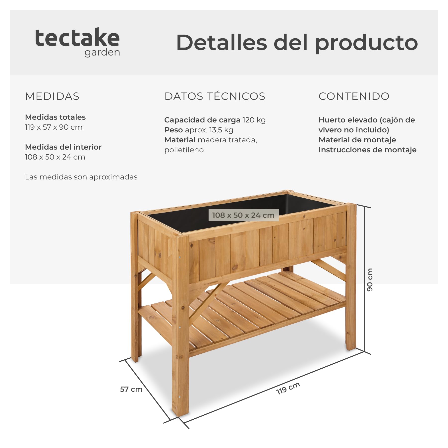 tectake® Jardinera Exterior de Madera, Cama Elevada con Inserto Protector, Jardinera con Lámina de Protección y Estantería, Resistente a Viento e Intemperie, Ideal Huerto Urbano, Macetero,119x57x90cm