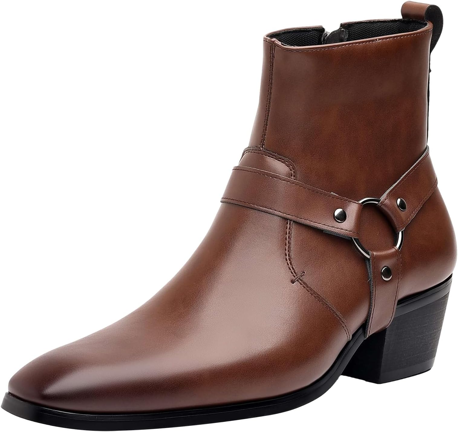 Men's Mid Block Heel Ankle Boots Punk Rivet Straps Side Zipper Biker Boots