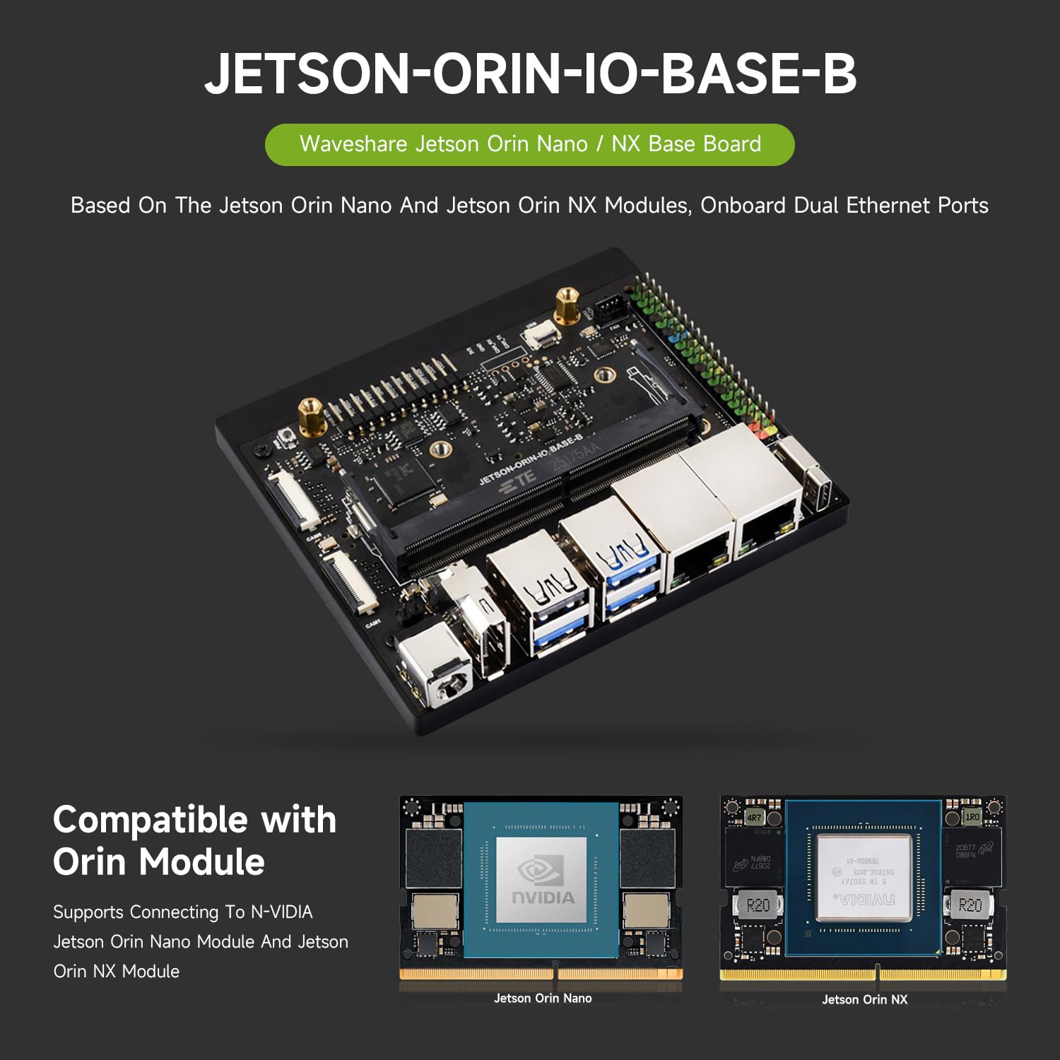 Waveshare Jetson Orin Nano/NX Super Dual Ethernet Base Board, Based on Jetson Orin Nano and Jetson Orin NX Module, Compatible with Jetson Orin Nano Super AI Development Kit Base Board