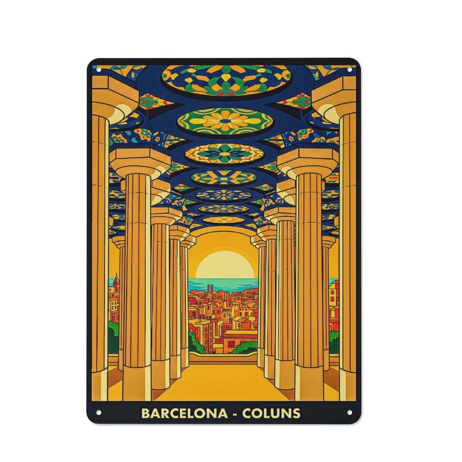 Junmoney Style-17 Vintage Tin Sign 40X30cm With Barcelona Columns Cityscape Sunset For Kitchen Or Home Bar, Suited To Home Bar Enthusiasts