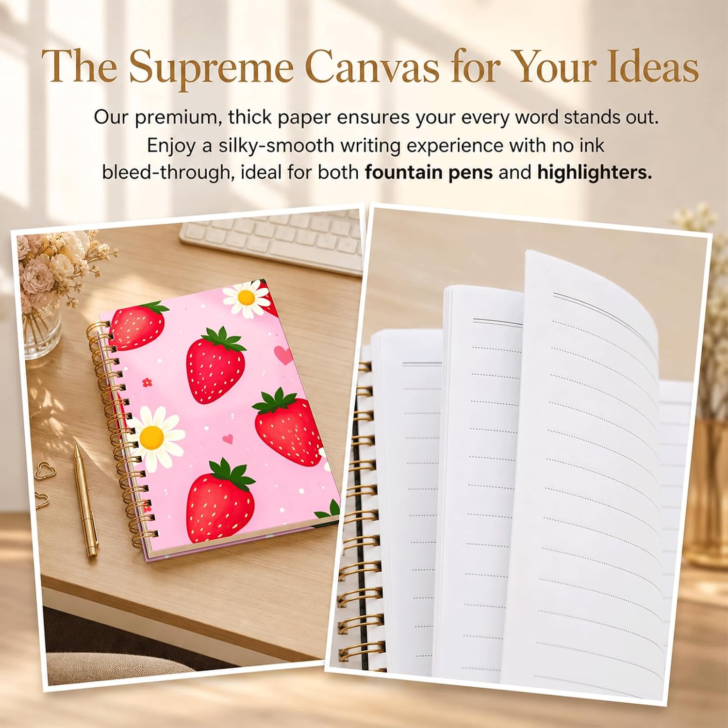 iampanda Spiral Journal Notebook,Strong Twin-Wire Binding with Premium Paper for Women,60 Sheets A5 College Ruled Notebook/Journal,Perfect for School Office Home Gifts,Strawberry Daisy Heart Star image 3