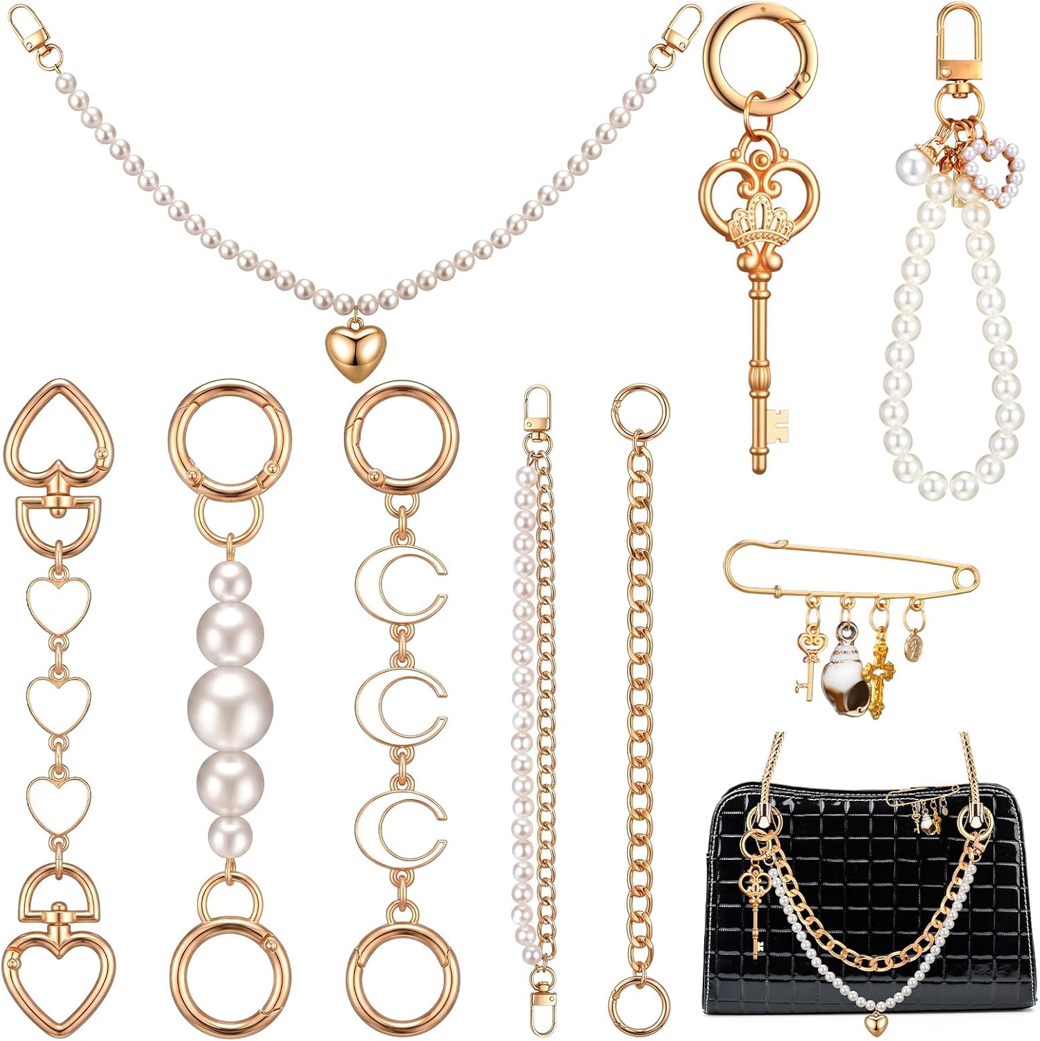 9 Pcs Gold Handbag Straps Pearl Chain Extender Safety Pin