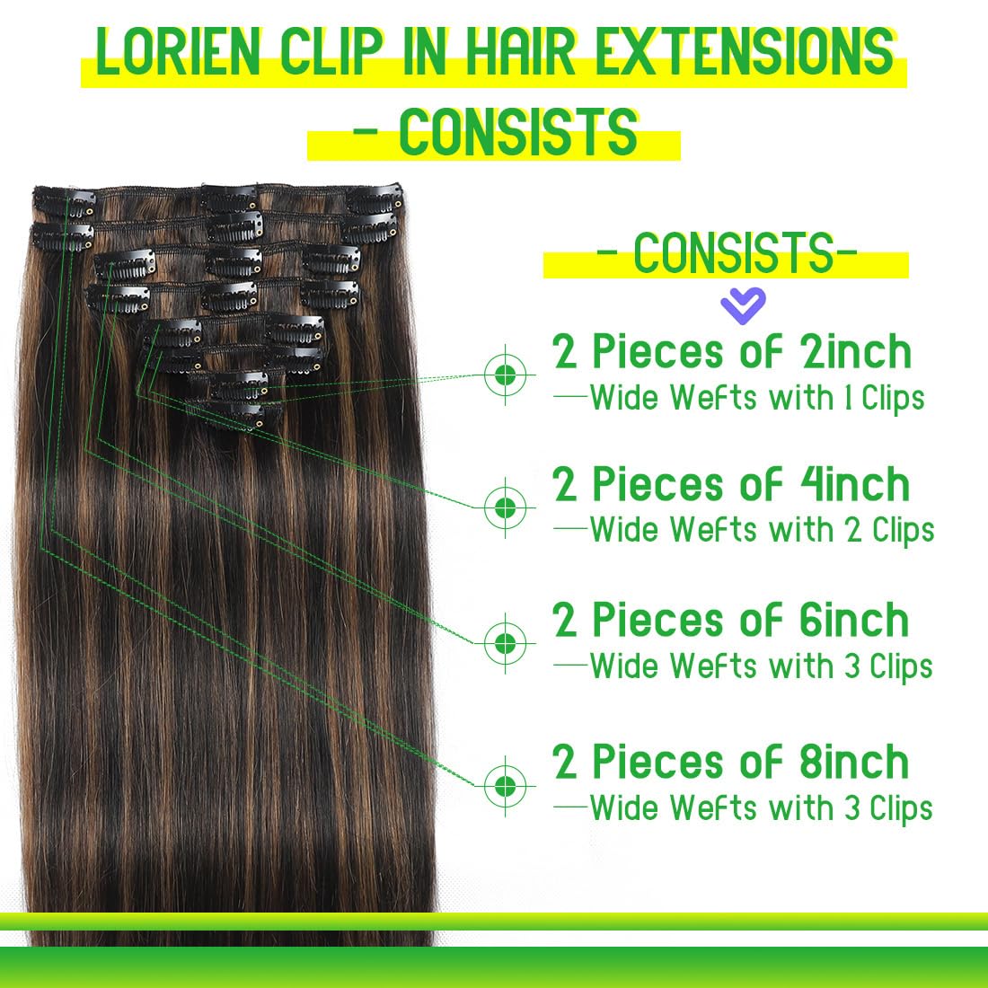 LORIEN Clip in Hair Extensions Real Human Hair, Clip in 100% Brazilian Remy Human Hair Extensions 8pcs Per Set with 18 Clips Double Weft, 18 Inch 100g, 1B/6 Natural Black to Chestnut Brown